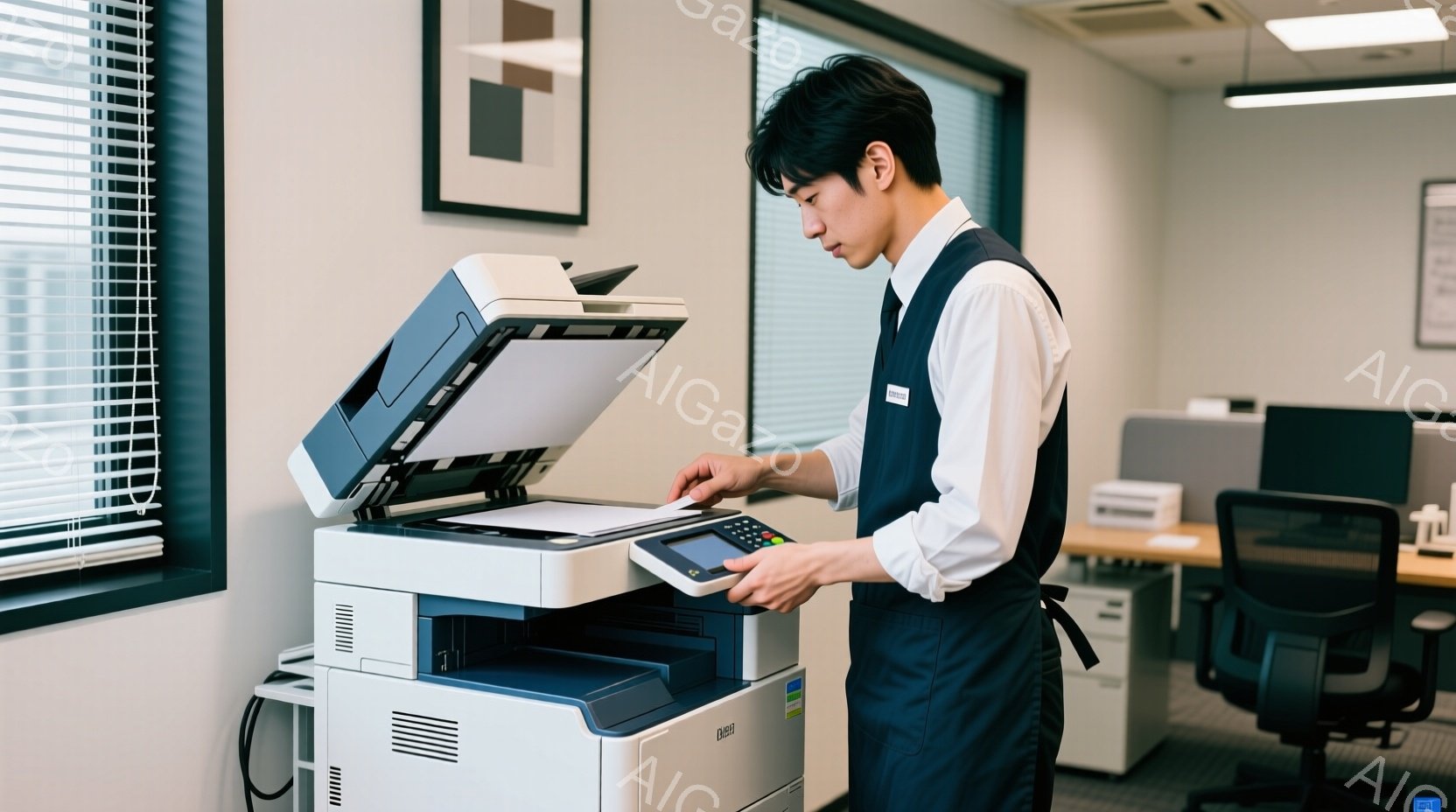 白いシャツに濃い青色のベストとズボンを着用した男性が写っています。彼はオフィスでコピー機を操作しており、真剣な表情で操作パネルを見つめています。背景にはブラインドの窓とオフィスチェアが見え、全体的に清潔感のある静かなオフィス環境が伺えます。