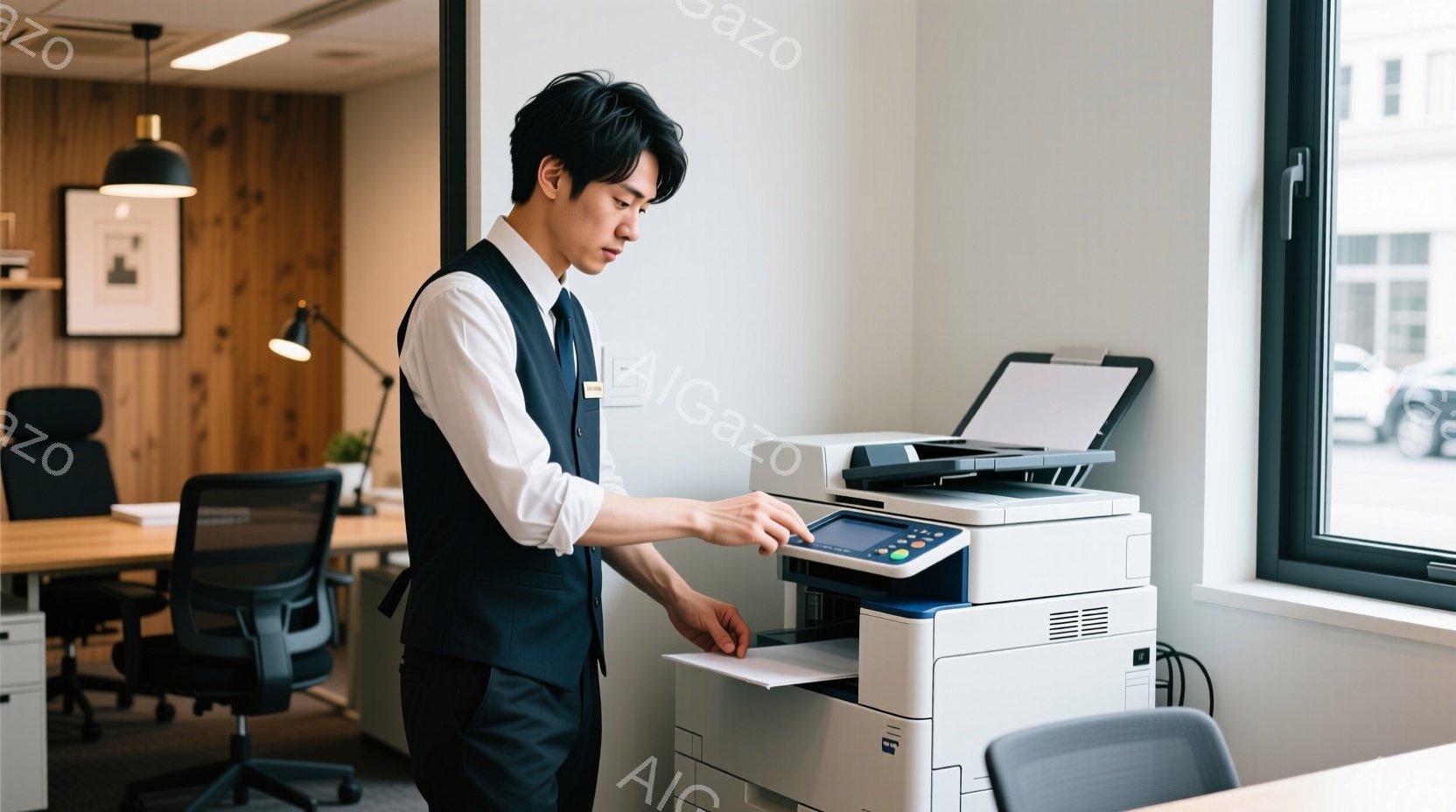 紺色のベストと白いシャツを着た男性が、オフィスでコピー機の操作をしている様子が写っている。彼は少し前かがみになり、コピー機のタッチパネルを見ながら、何か設定をしているようだ。背景にはオフィスチェアや窓 - AI生成フリー素材