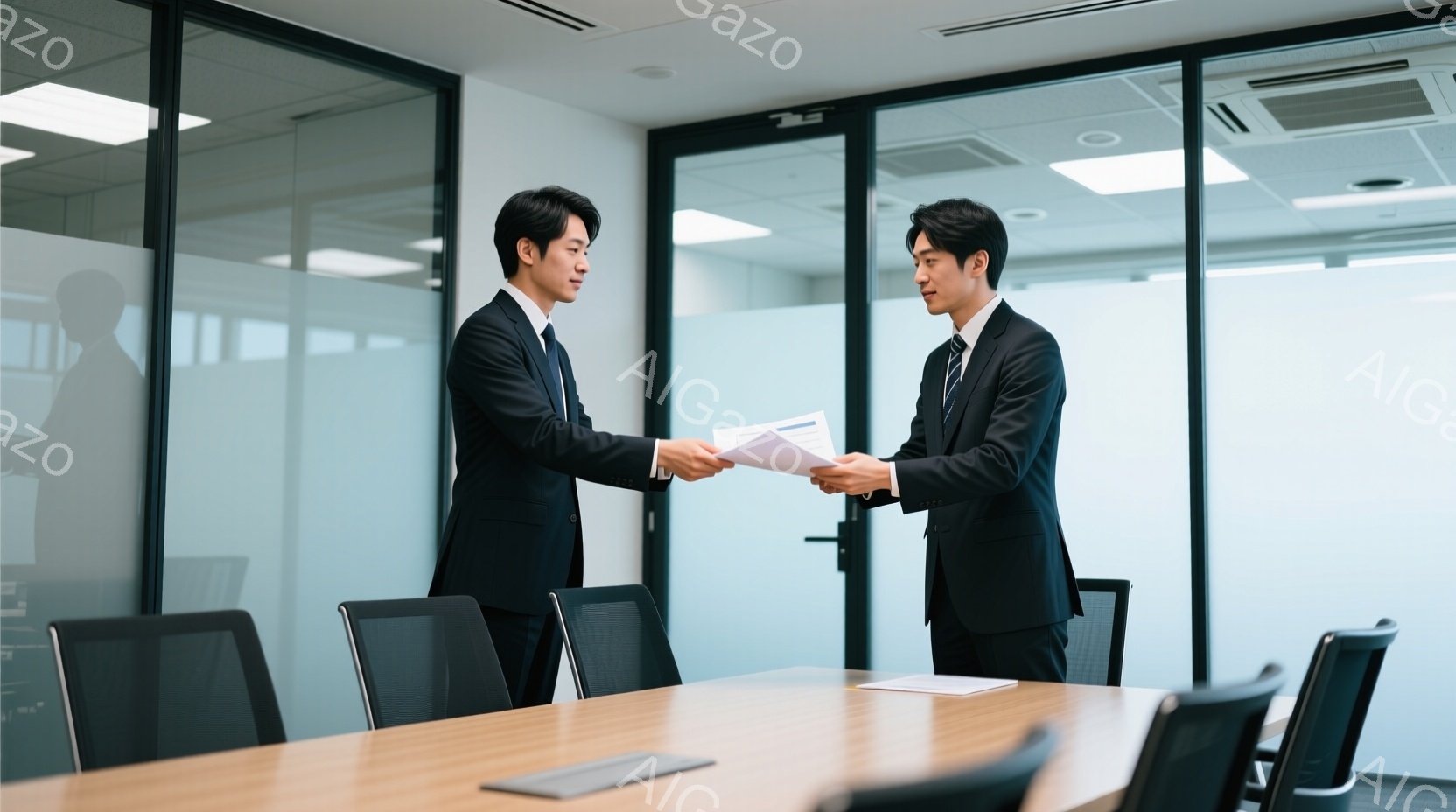 二人のビジネスマンが、明るい会議室で握手をしています。彼らは皆、黒いスーツにネクタイを締め、髪型も整えられており、真剣な表情で、互いに敬意を払いながら合意に至った様子が伺えます。会議室は清潔でモダンな印象で、大きな窓から自然光が差し込み、全体的にプロフェッショナルで好印象な雰囲気です。