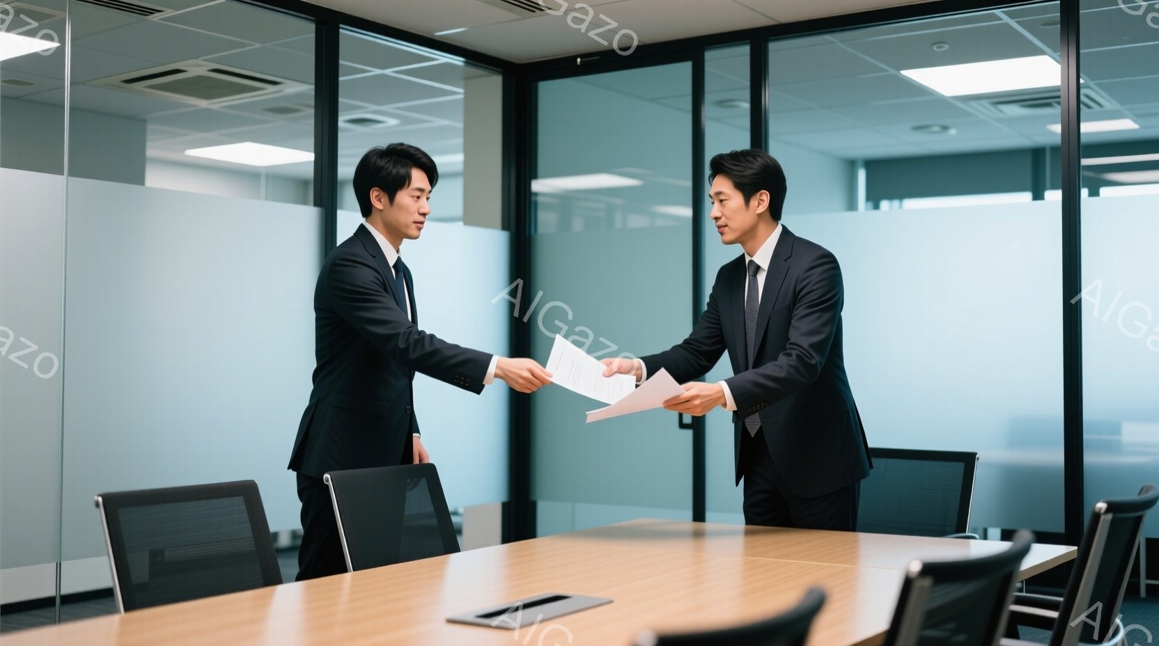二人のビジネスマンが手を合わせ、文書を交換する形で商談を進めるシーン。両者正装で挨拶をしており、会社事務所の写真にはオフィスの机や椅子が見える。