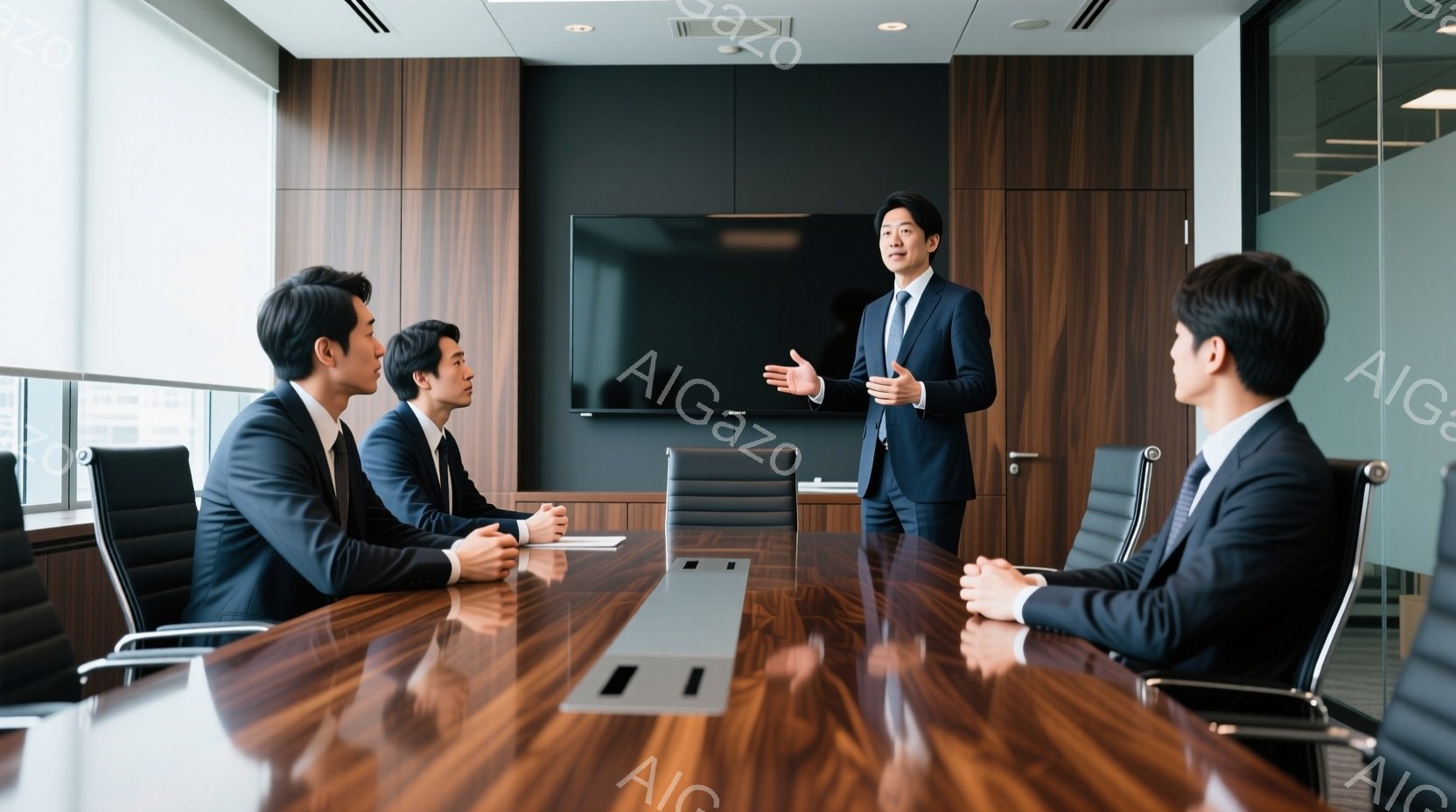 4人のビジネスマンが、光沢のある木製の大きな会議テーブルを囲んで座っている。立っている一人はスーツを着ており、何かを説明しているかのように手を広げている。背景には大きなテレビ画面と、窓から見える近代的 - AI生成フリー素材