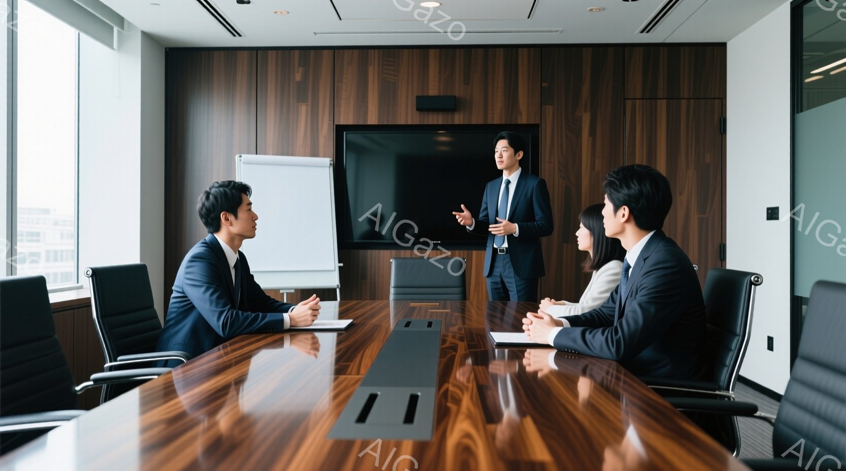 会議室で、男性数名がビジネスミーティングを行っている様子が写っている。全員がダークスーツを着用し、真剣な表情で互いに向き合っている。背景には大きな窓から外の建物が見え、室内は木目調で落ち着いた雰囲気で - AI生成フリー素材