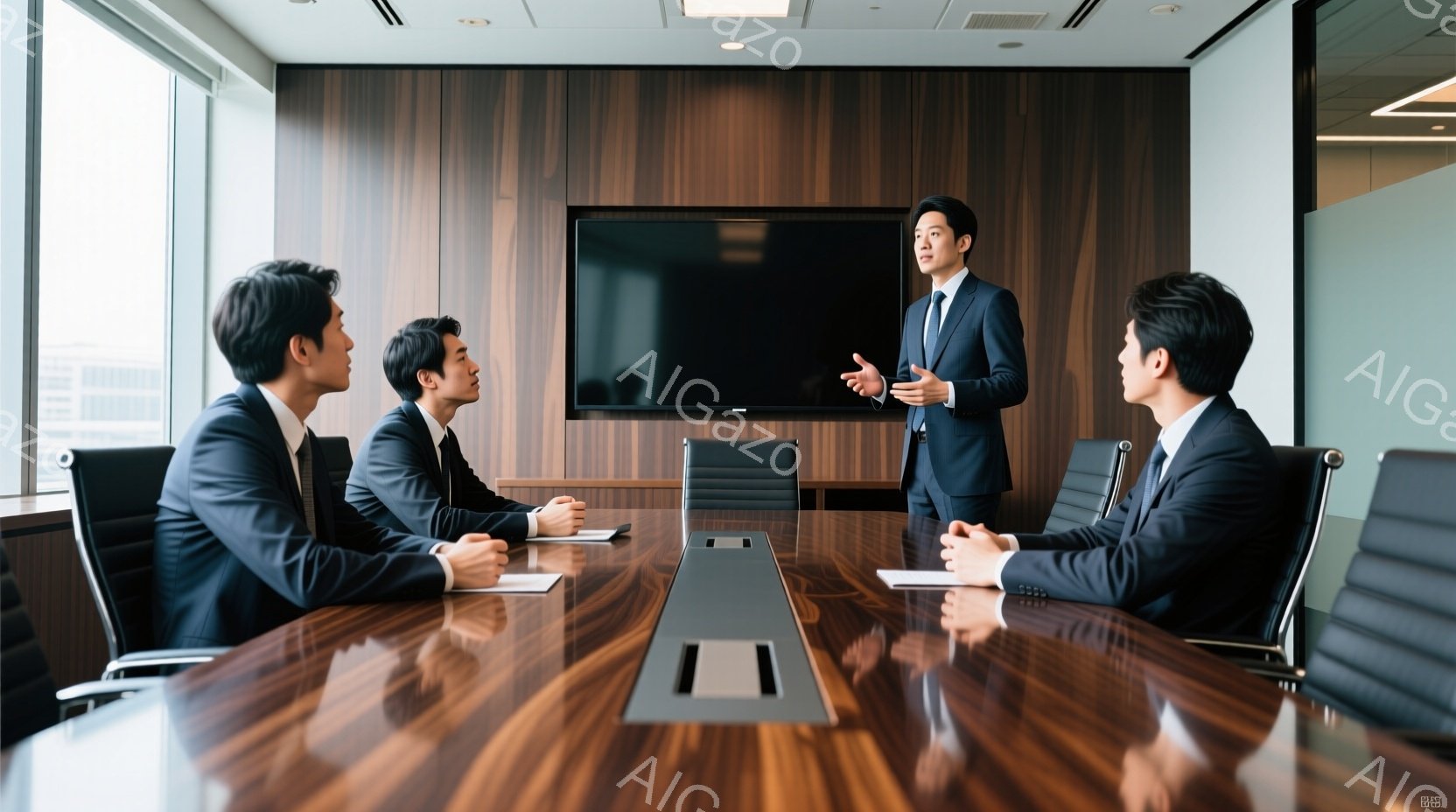会議室で、スーツを着たアジア人男性たちがテーブルを囲んで座っています。一人が立って何かを説明しており、他の3人は注意深く聞いている様子です。背景には大きな窓があり、近代的なビル群が見え、室内は落ち着いた雰囲気です。