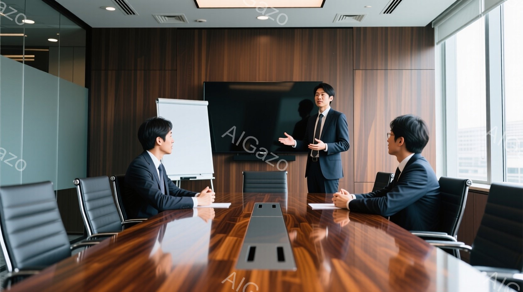 会議室で、スーツ姿の男性が二人座っており、もう一人の男性が立って何か説明している様子がうかがえる。座っている二人は落ち着いた表情で相手の話を聞いており、立っている男性は身振り手振りを交えながら話してい - AI生成フリー素材