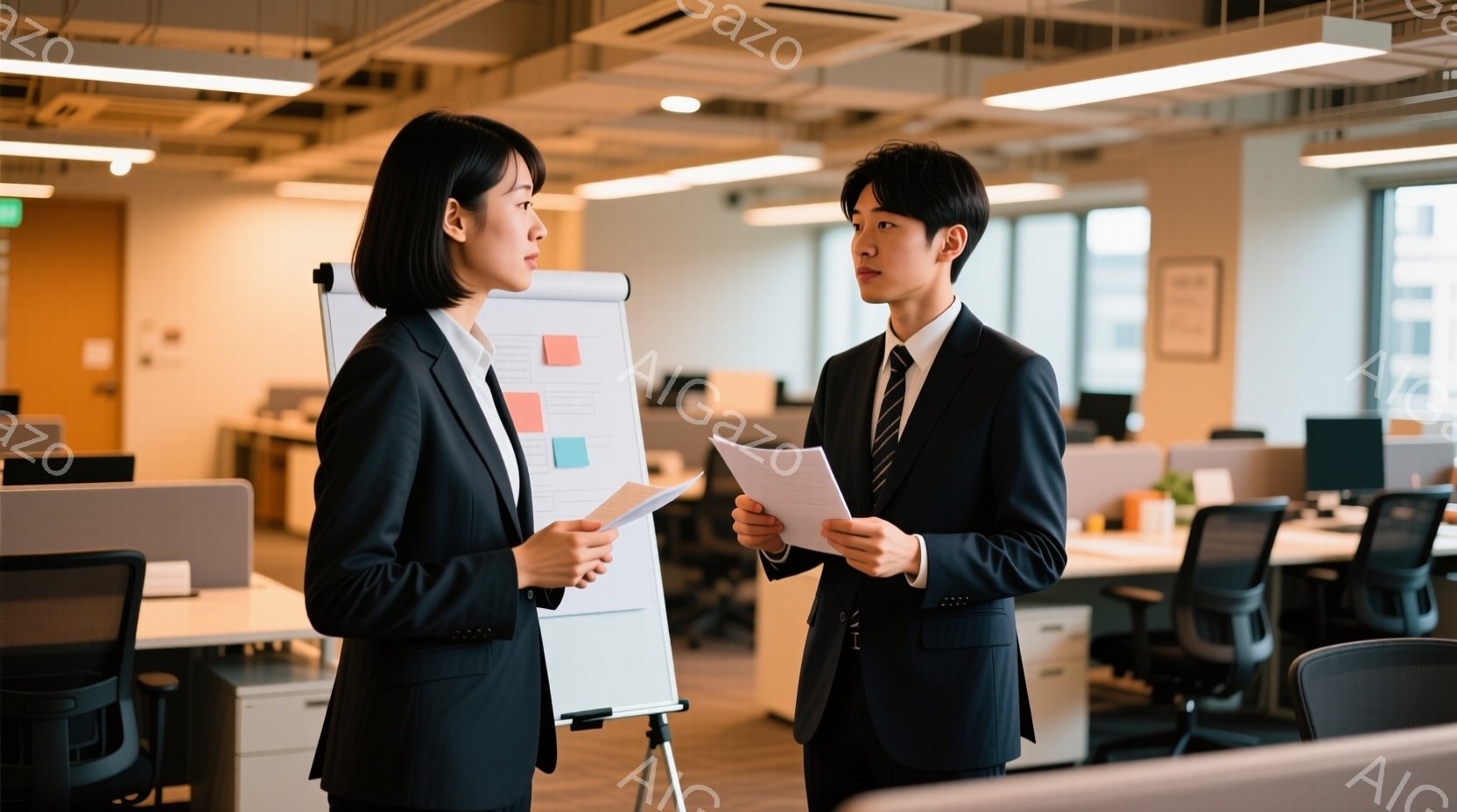 二人のビジネスパーソンがオフィス内で立って会話しています。女性は黒いスーツを着ており、短めの黒髪です。男性も黒いスーツを着ており、片手に書類を持っています。背景にはオフィス内のデスクや椅子が見え、明る - AI生成フリー素材