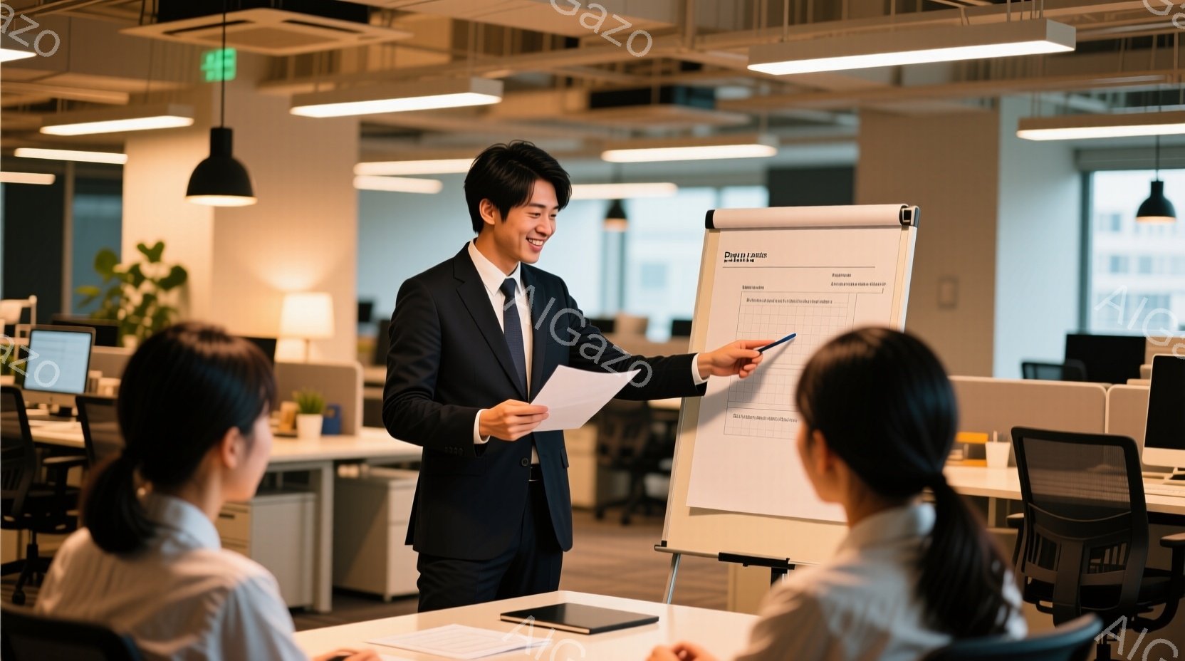 画面には、明るいオフィスでプレゼンテーションをしている男性が写っています。彼は黒いスーツを着て、笑顔で書類を見ながらホワイトボードの前に立っています。周囲には、テーブルを囲んで話を聞く女性たちがおり、 - AI生成フリー素材