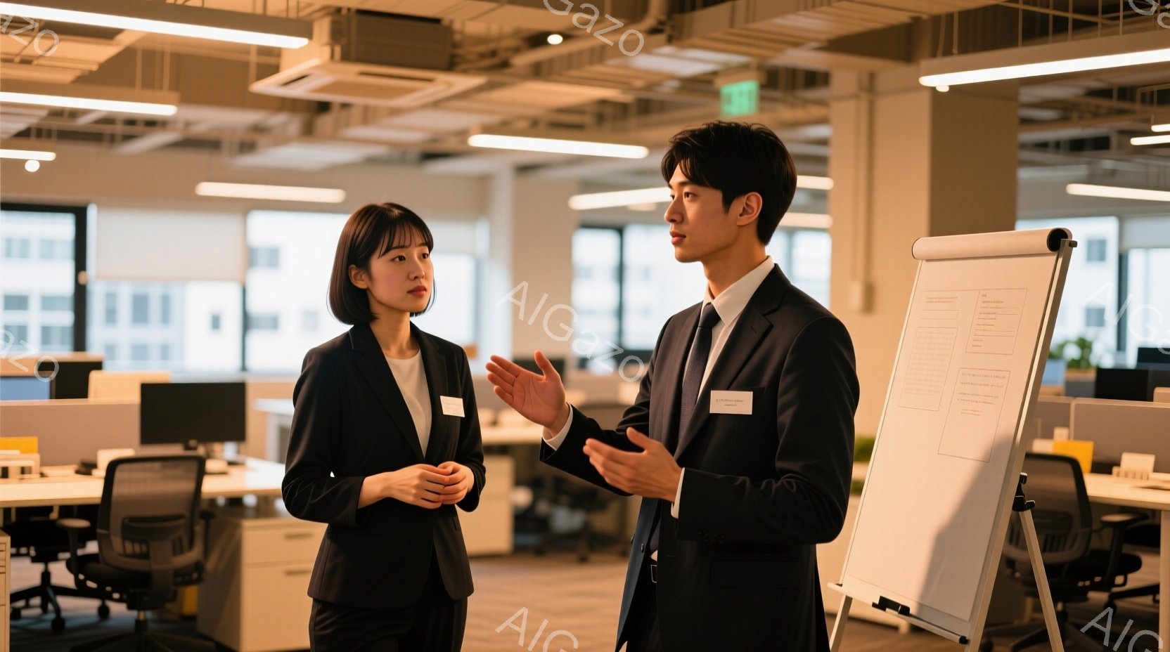 オフィス内でのシーンです。二人のビジネスマンが話し合っており、男性は手を挙げながら言っています。女性は静かに聞き入れています。両者は正式なビジネス服装を着用しているでしょう。 背景にはオフィスの内部が - AI生成フリー素材
