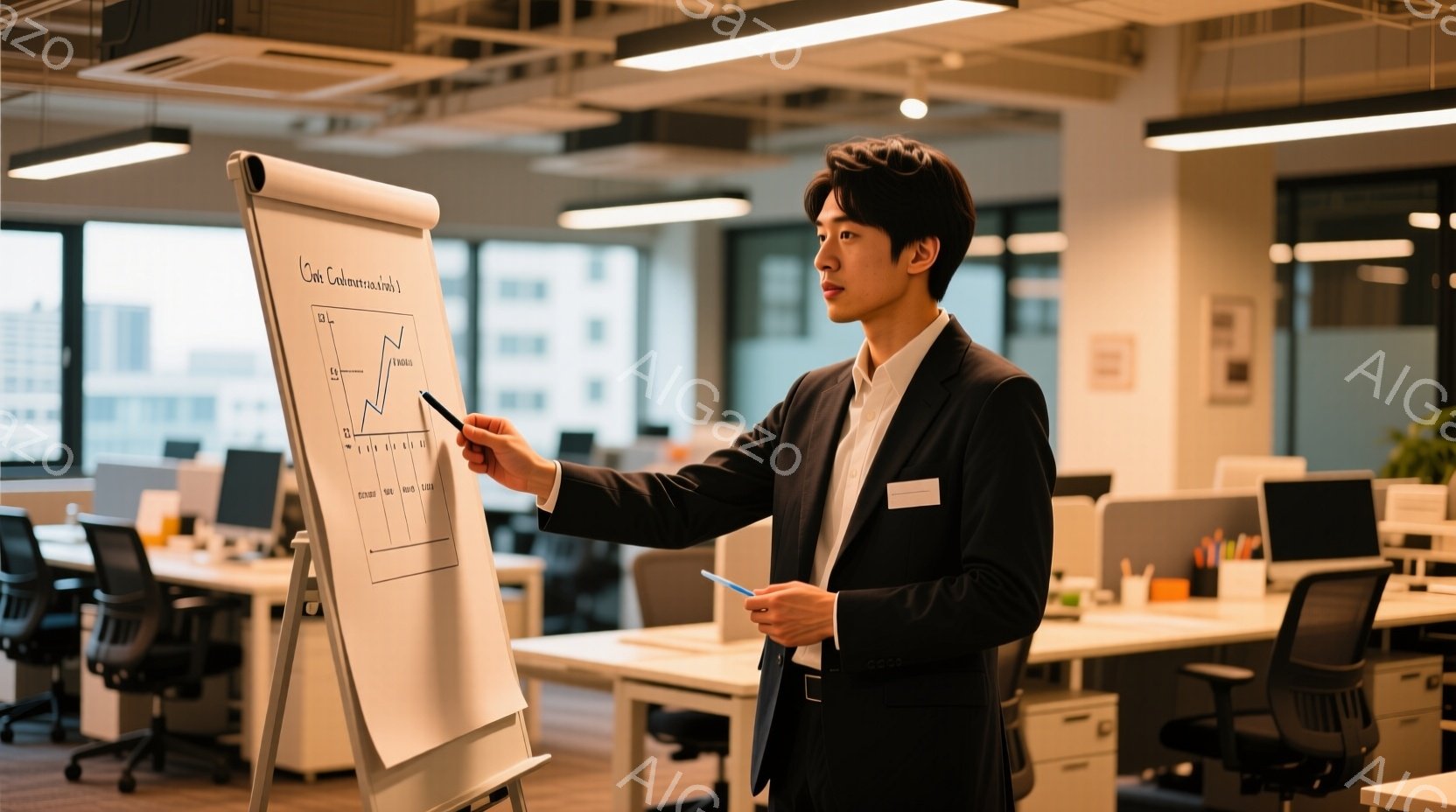 若い男性が白板の前でプレゼンテーションをしている様子が写っている。彼は黒いスーツに白いシャツを着ており、髪型は短髪で整髪料が使われているようだ。オフィス内は明るく、現代的なデスクや椅子が並び、窓の外に - AI生成フリー素材