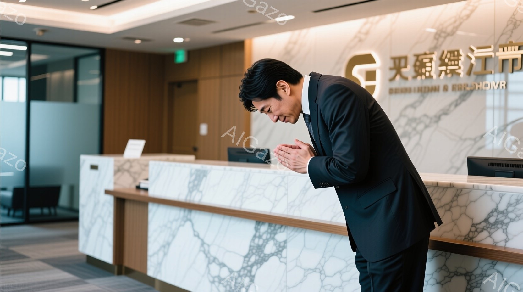 ダークブルーのスーツに身を包んだ男性が、受付カウンターの前で深くお辞儀をしています。彼の髪型は短髪で、姿勢は非常に丁寧で敬意を表していることがわかります。背景はモダンなロビーで、大理石調のカウンターと - AI生成フリー素材