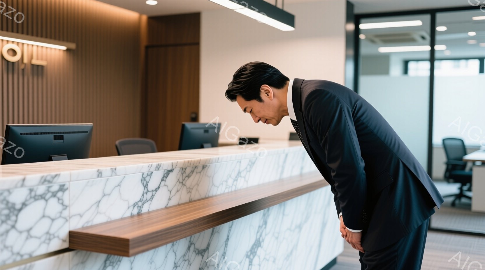 スーツ姿の男性が、大理石模様の受付カウンターに深くお辞儀をしている。彼の髪は短く、黒髪で、姿勢は丁寧で敬意を表しているように見える。背景には、モダンな内装のオフィス空間が広がっており、清潔感があり落ち着いた雰囲気が漂っている。