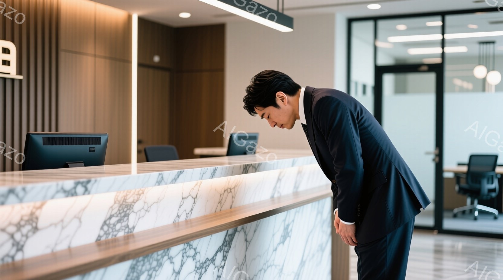 スーツを着た男性が受付カウンターの前で深々と頭を下げています。彼は黒髪で、姿勢は非常に丁寧で敬意を表しています。背景には、白を基調としたモダンな受付スペースと、ガラス張りの壁越しに椅子が見え、清潔感のある静かな雰囲気が漂っています。