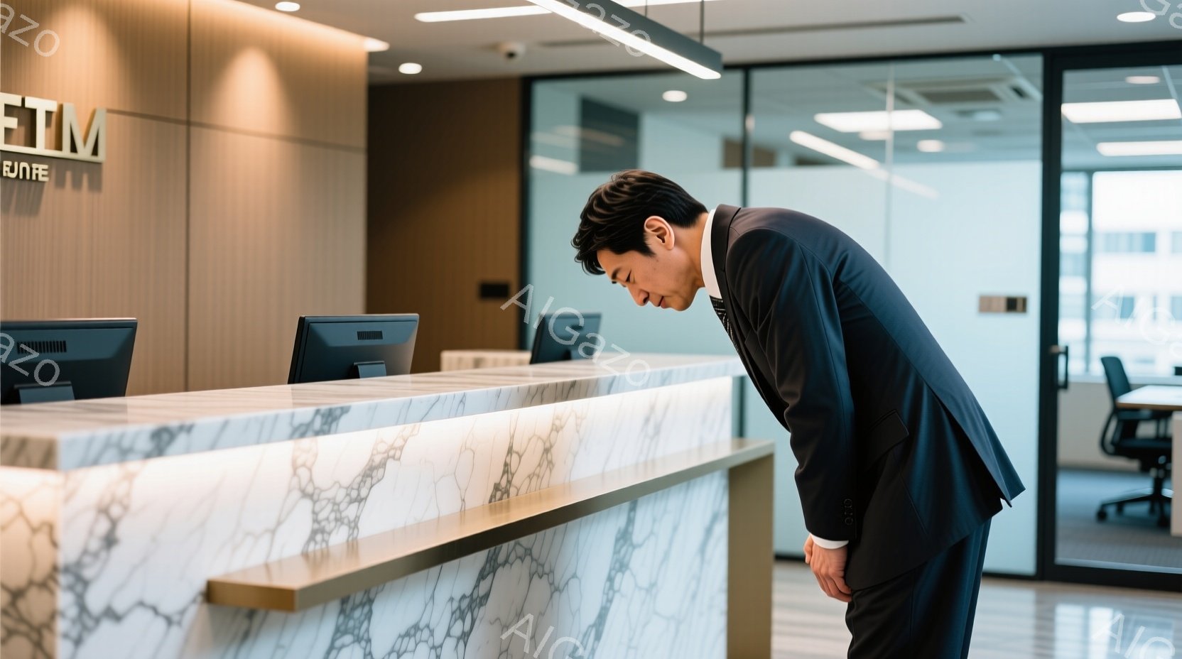 ビジネスマンが受付カウンターの前で深々と頭を下げている。彼は黒いスーツを着ており、髪は短く整えられている。背景はモダンなオフィスで、白を基調とした清潔感のある空間が広がっている。