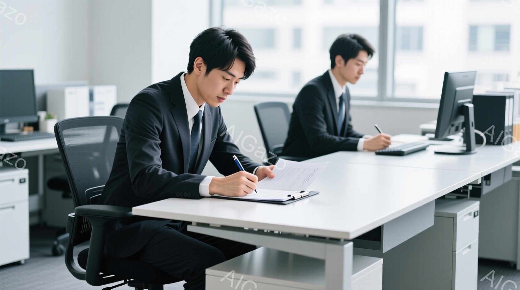 2人のビジネスマンがオフィスで仕事をしている様子が写っている。彼らはどちらも黒いスーツにネクタイ姿で、集中して書類にペンで書き込んでいる。背景には白を基調としたオフィス家具や窓から見える明るい光があり、全体的に落ち着いた、プロフェッショナルな雰囲気が漂っている。