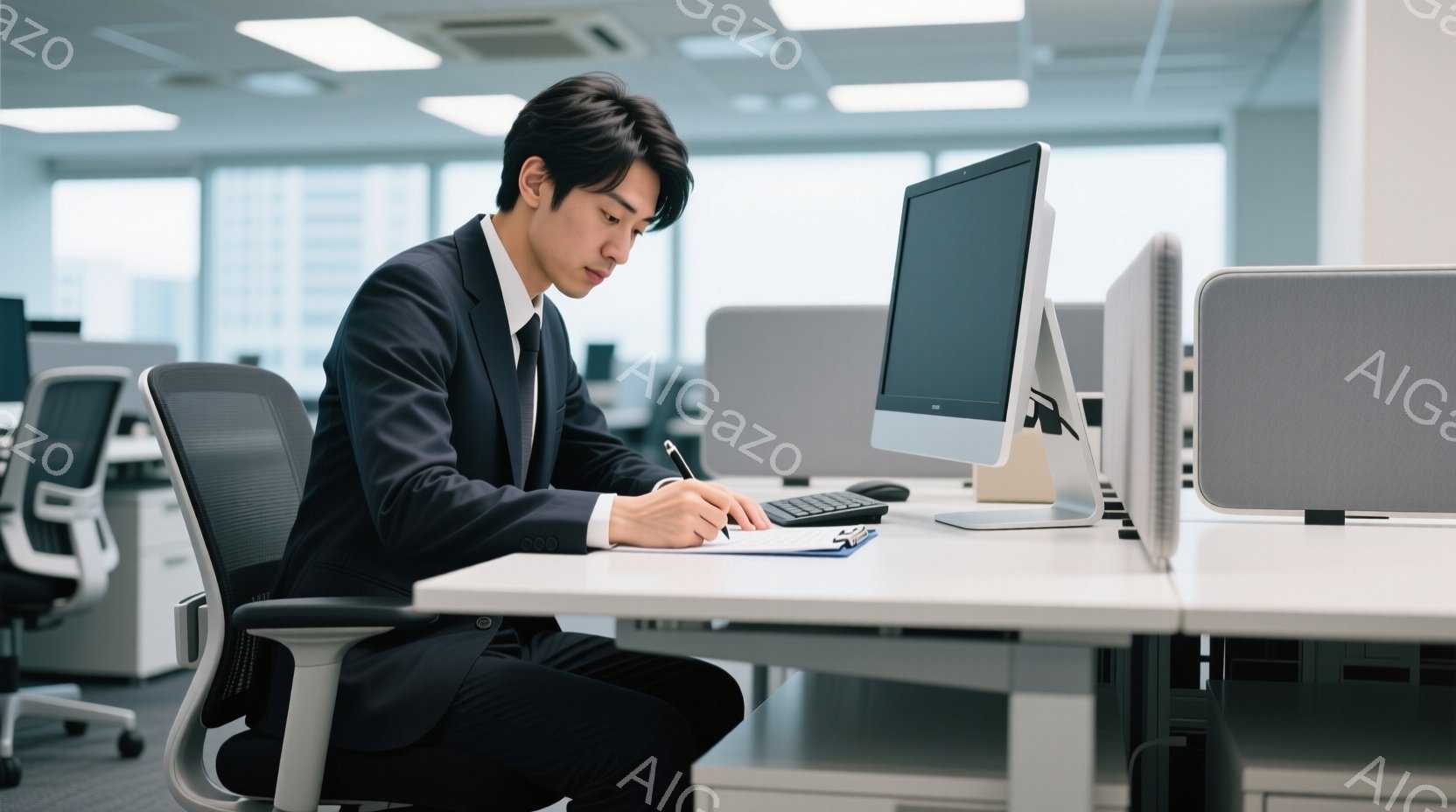 紺色のスーツを着た男性がオフィスで机に向かい、何かを書き込んでいる様子が写っている。彼は真剣な表情でペンを握り、書類に集中している。背景にはオフィス内の他のデスクや窓から差し込む光が見え、全体的に落ち - AI生成フリー素材