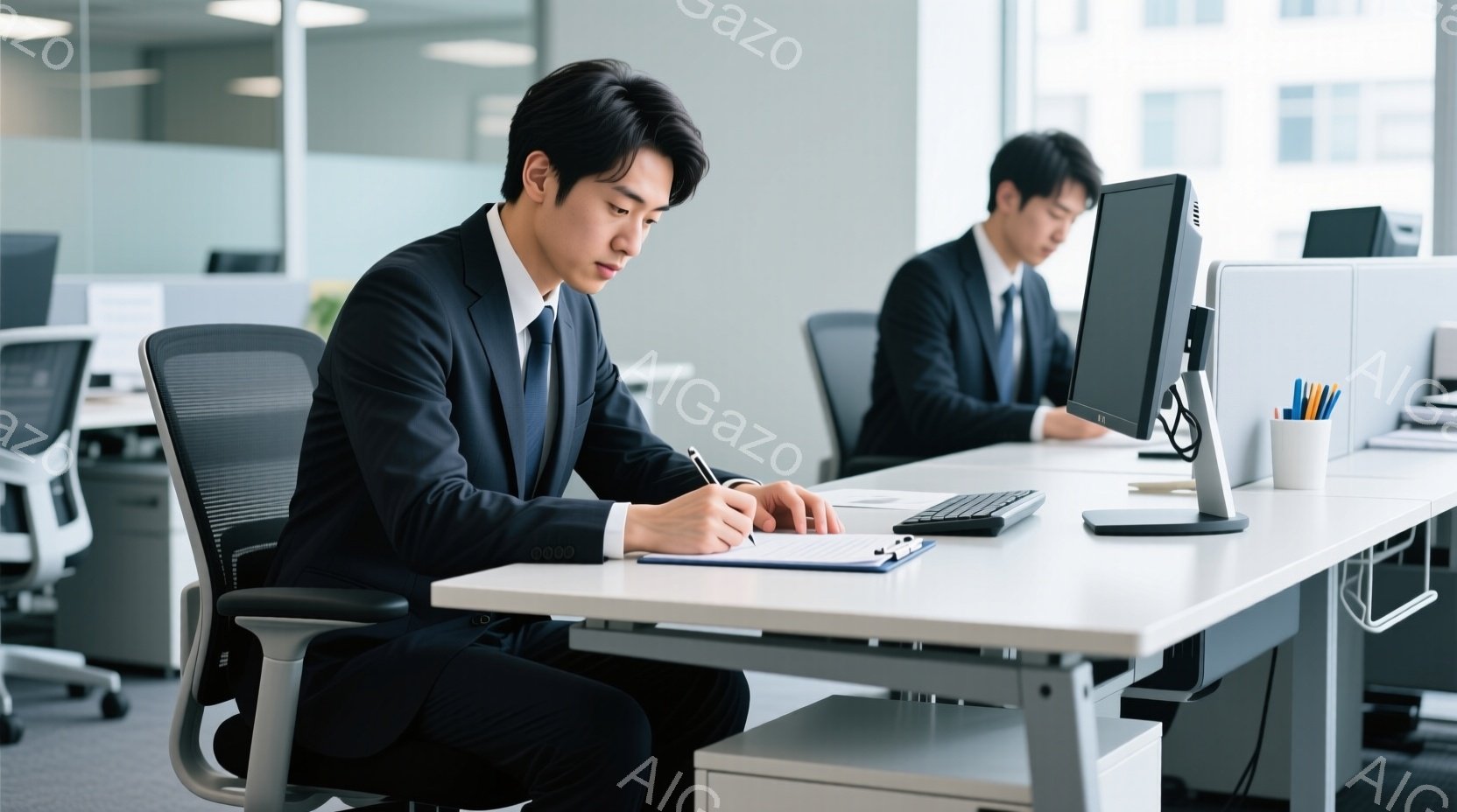 スーツを着た男性がオフィスで書類に記入している様子が写っている。彼は黒髪で、集中した表情でペンを握り、少し前かがみの姿勢でデスクに向かっている。背景には他のデスクとオフィススペースがぼんやりと見え、全体的に落ち着いた雰囲気である。