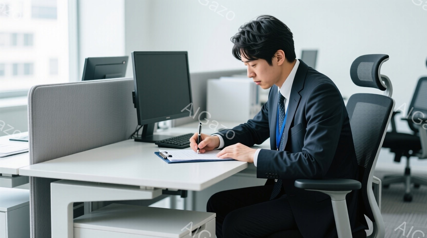 スーツを着た男性が、オフィスで書類にペンで記入している様子が写っている。彼は黒髪で、真剣な表情で下を向いており、姿勢はやや前かがみである。背景はオフィス内のデスクとパーテーションで、自然光が差し込み、全体的に落ち着いた雰囲気である。
