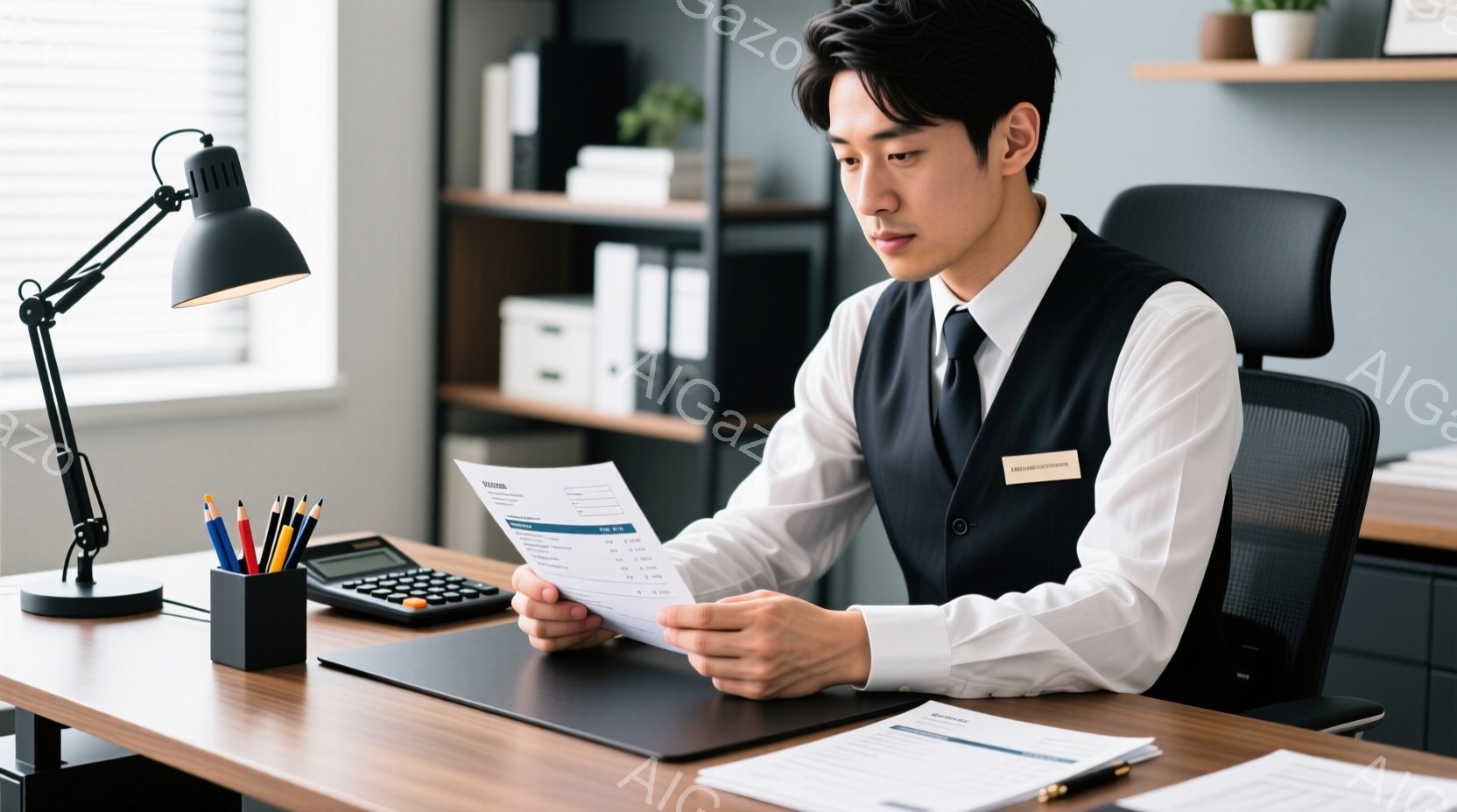 スーツベストと白いシャツを着た男性が、書類を注意深く読んでいます。彼はオフィスチェアに座り、集中した表情で計算機とペン立てが置かれた木製のデスクに向かい合っています。背景には本棚と現代的なオフィス環境 - AI生成フリー素材