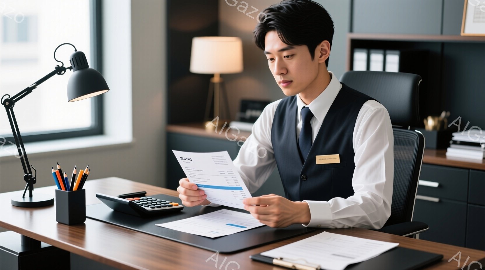 若い男性が、デスクに向かい書類を手に持っている。彼は黒のベストと白いシャツを着ており、姿勢はきちんとしている。背景には本棚とデスクライトがあり、落ち着いた雰囲気のオフィスの一室である。
