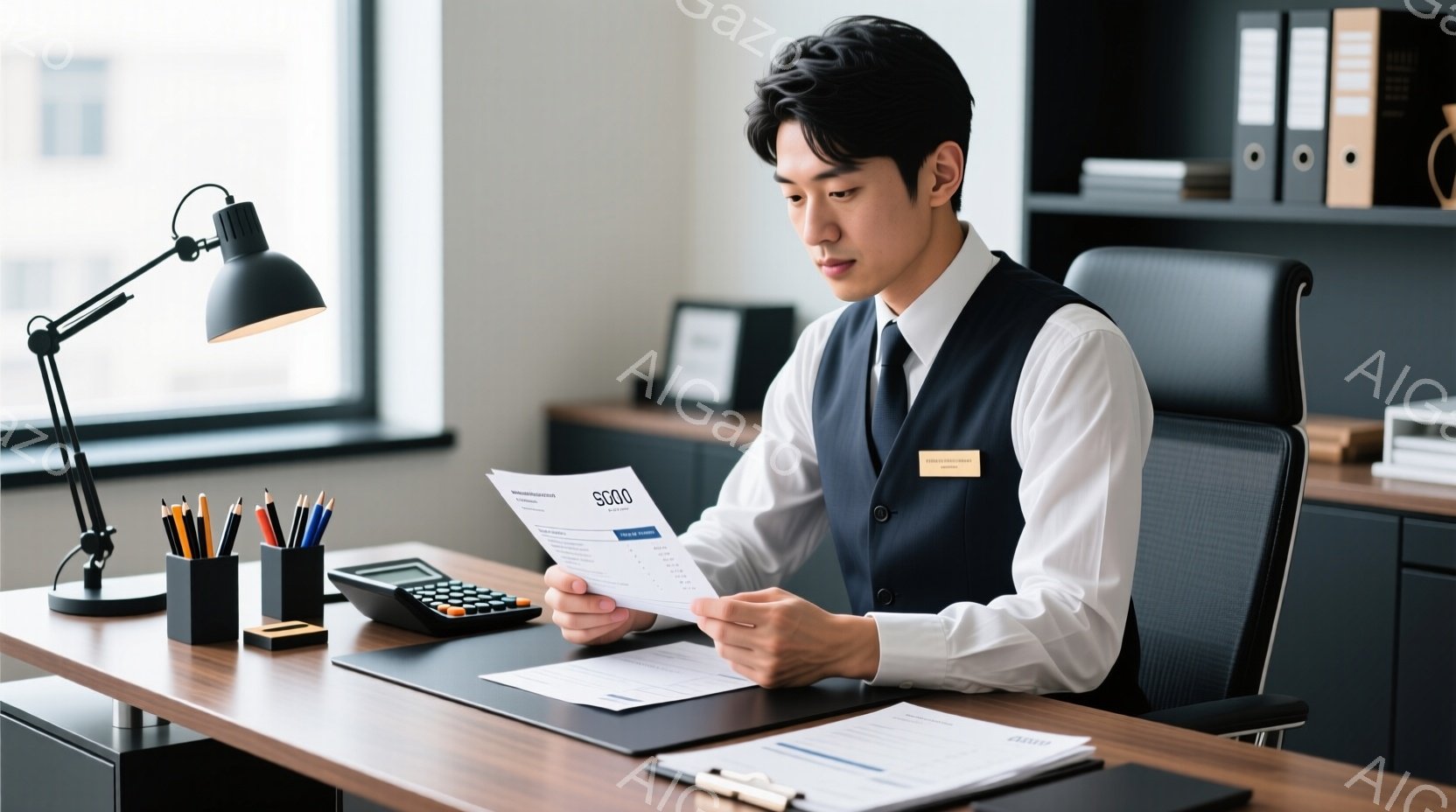 紺色のベストと白いシャツを着た男性が、オフィスで書類を調べている。彼は真剣な表情で集中しており、姿勢はきちんとしている。背景には書類や電卓、ペン立てなどが置かれたデスクと、ファイルボックスが並んだ棚が見える、落ち着いた雰囲気のオフィス空間である。