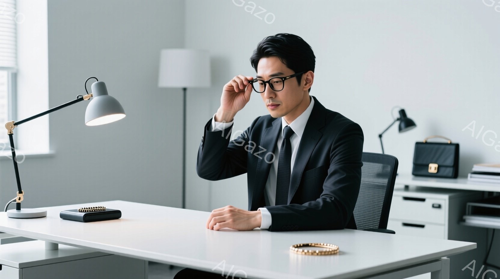 スーツを着たアジア人男性が、オフィスらしき場所でデスクに座っている。彼は黒いフレームのメガネをかけ、やや考え込んでいるような表情で、片手でメガネのフレームを押さえている。背景には白いキャビネットとデスクランプがあり、全体的に落ち着いた雰囲気である。