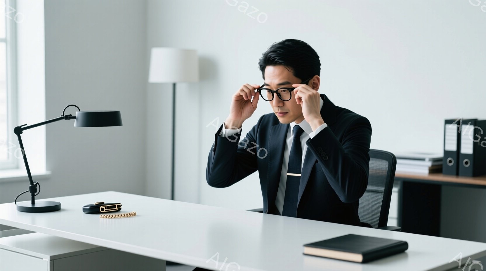黒いスーツにネクタイを締めた男性が、机に座って眼鏡をかけている。彼は少し前かがみになり、集中した表情をしている。背景は白を基調としたシンプルなオフィスで、デスクの上には書類や文房具が置かれ、全体的に落 - AI生成フリー素材