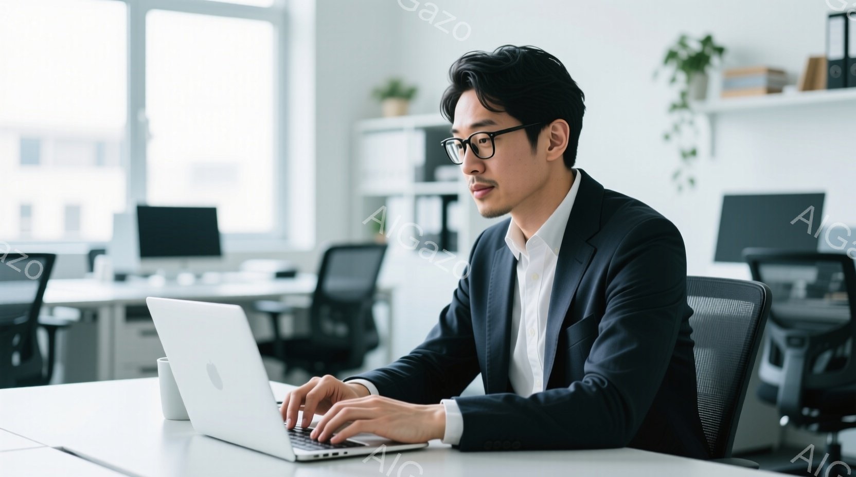 紺色のスーツに白いシャツを着た男性が、ノートパソコンに向かってタイピングしている。彼は黒縁メガネをかけ、髪型は短髪で、やや真剣な表情をしている。背景にはオフィス空間が広がり、他のデスクやモニターが見え - AI生成フリー素材
