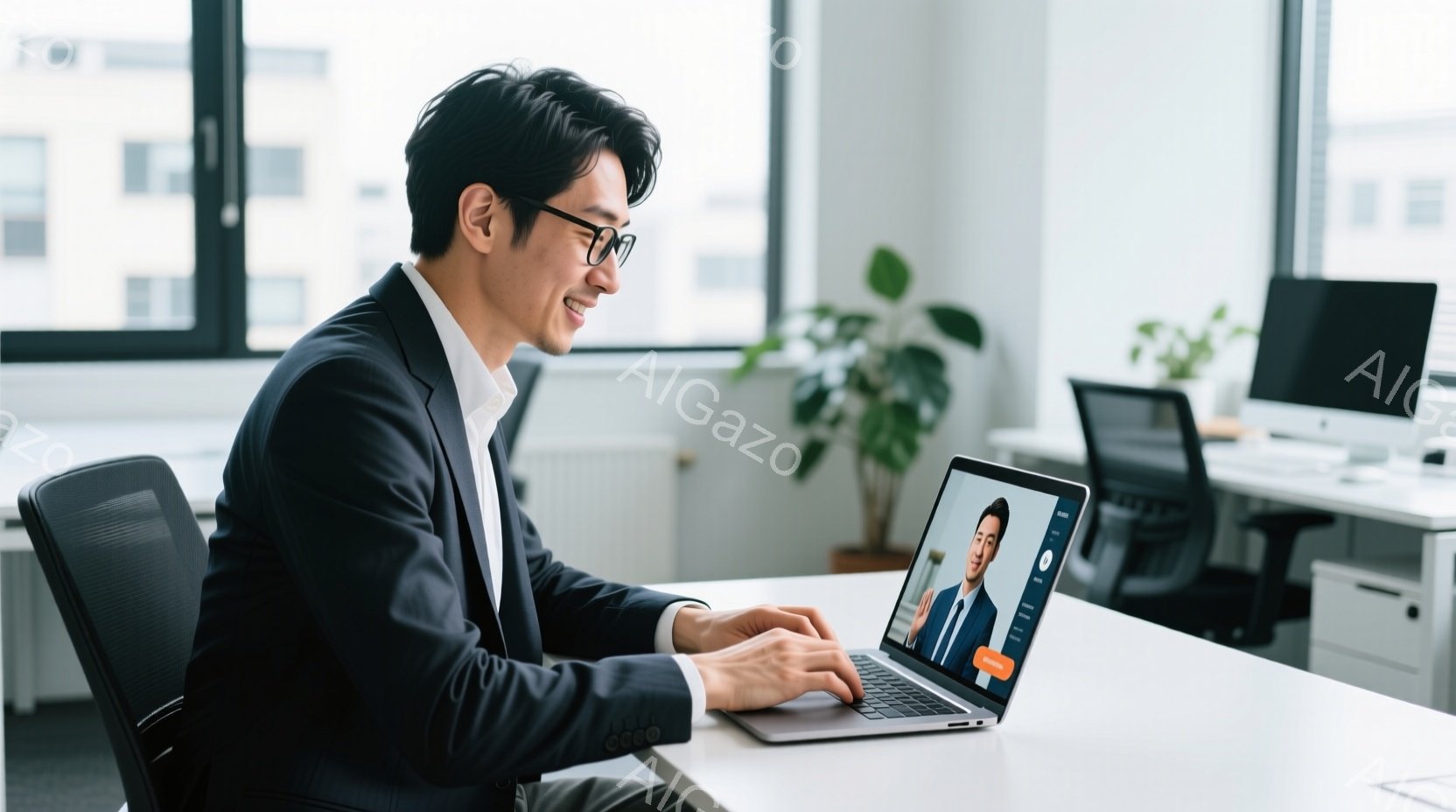 若い男性がノートパソコンに向かって座っており、笑顔でタイピングをしている。彼はダークカラーのスーツを着用し、短髪で整髪されている。背景にはモダンなオフィス空間が広がっており、窓から自然光が差し込み、明るく快適な雰囲気を作り出している。