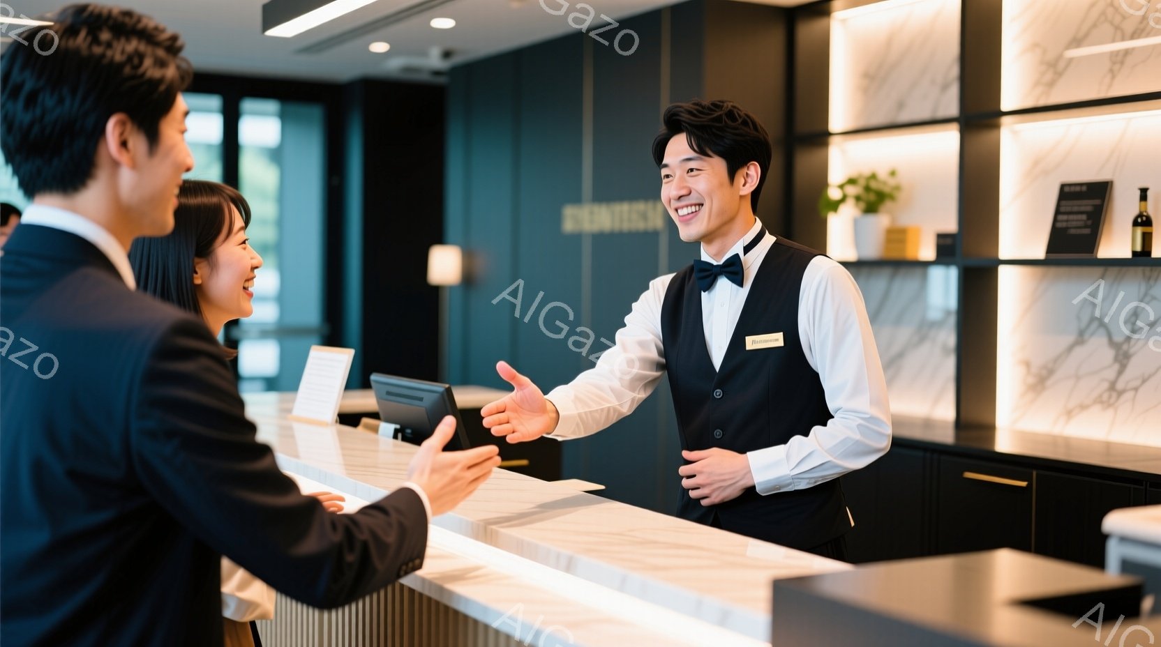 スーツを着た男性と女性が受付カウンターの前で話しています。男性は笑顔で手を差し出し、女性も笑顔でそれに応えようとしています。背景には、モダンなデザインの受付カウンターと、明るい照明、そして少しだけ見え - AI生成フリー素材