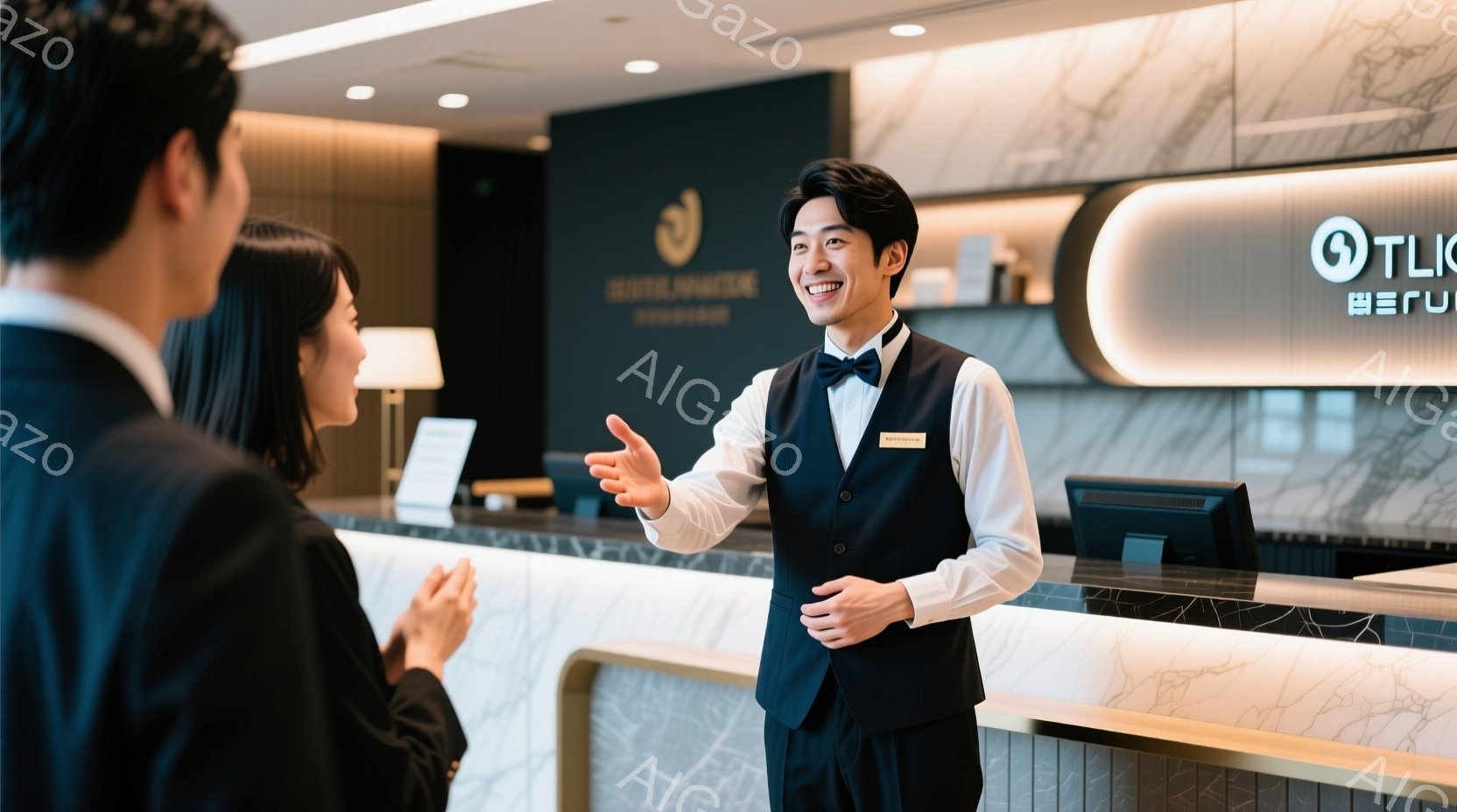 レセプションカウンターに立つ男性スタッフが、笑顔で何かを説明している様子が写っています。彼は黒いベスト、白いシャツ、そして黒いパンツというフォーマルな服装で、髪は短く整えられています。背景には、モダンなデザインの受付カウンターと、ぼやけたロゴが見え、全体的に明るく上品な雰囲気が漂っています。