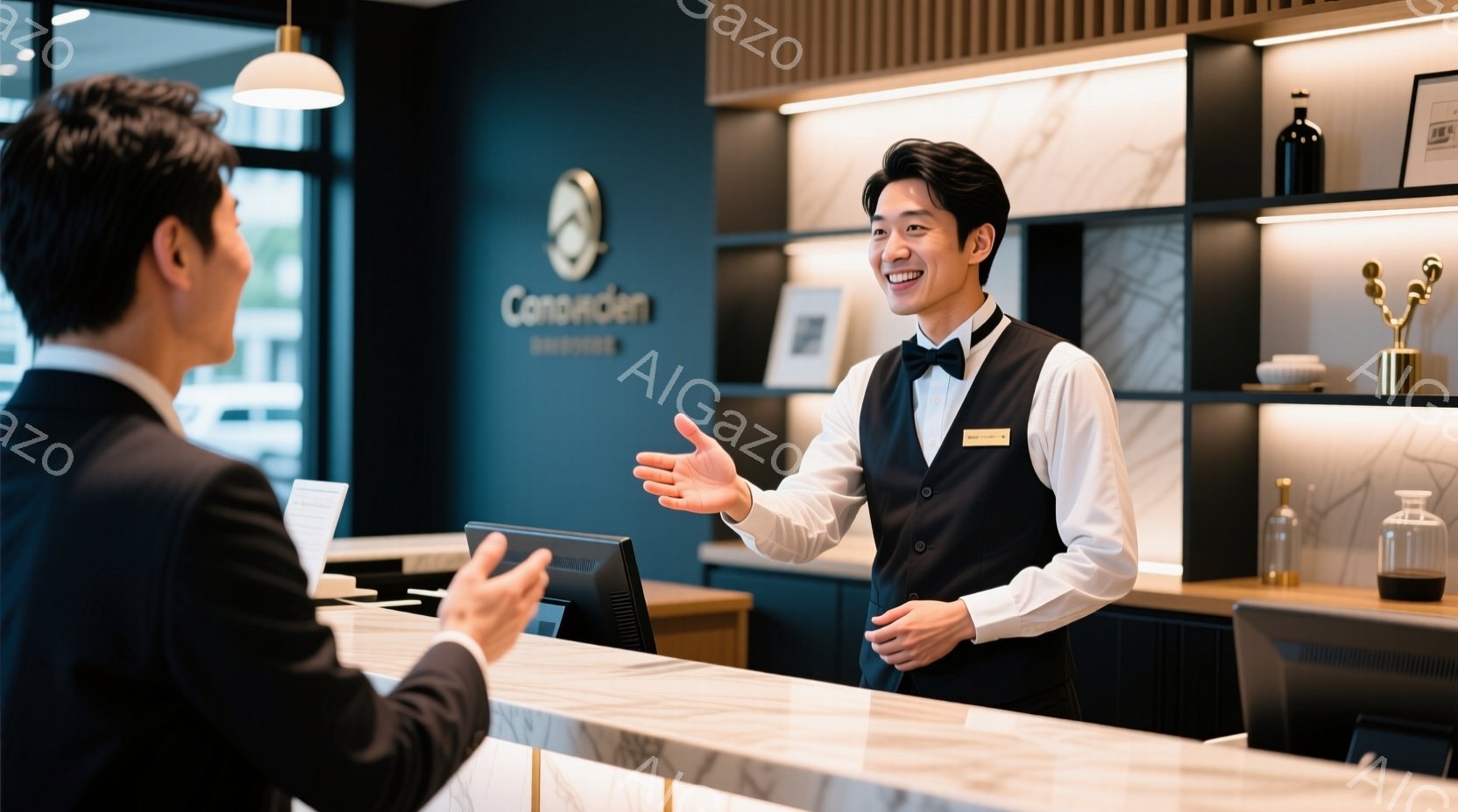 レセプションカウンターで、制服を着た男性スタッフが笑顔で何かを説明している様子が写っています。彼は黒いベストと白いシャツ、蝶ネクタイを着用し、髪型は短髪で整えられています。背景にはモダンなデザインのホテルロビーが見え、落ち着いた雰囲気です。