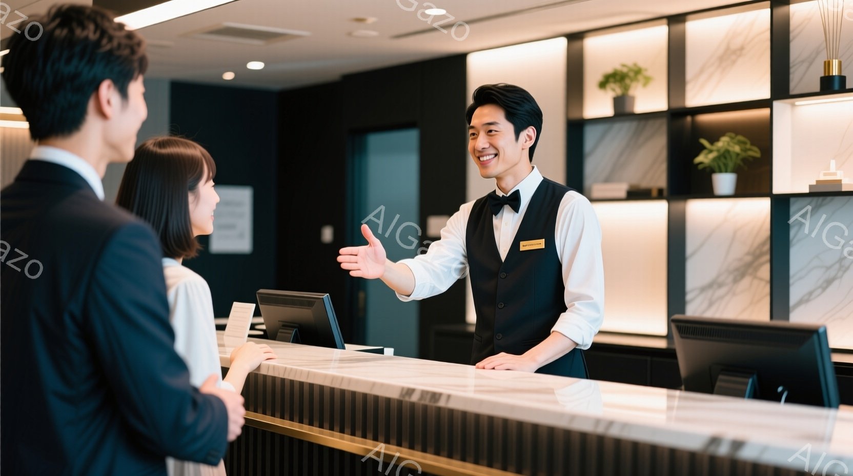 レセプションカウンターに立つ男性スタッフは、黒いベストと白いシャツ、そして黒い蝶ネクタイを着用し、笑顔で客を迎えている。彼は片手を差し出し、親切な対応を心がけているようだ。背景には大理石調のカウンター - AI生成フリー素材