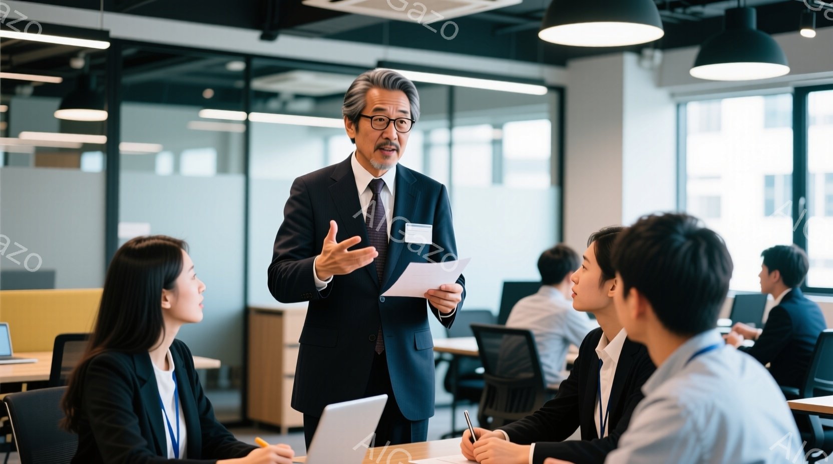 会社の会議室で、一人の年配の男性が書類を手にしながら説明をしている様子が写っている。彼は黒いスーツにネクタイ姿で、短髪に白髪が混じったヘアスタイルをしている。テーブルを囲む若いビジネスマンたちは皆、ス - AI生成フリー素材