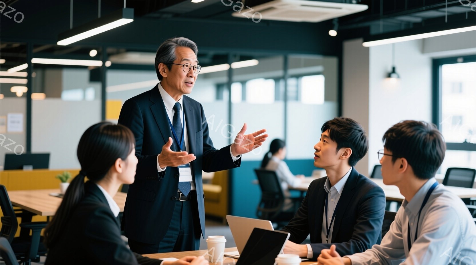 紺色のスーツを着た年配の男性が、テーブルを囲む若いビジネスマンたちに向けて何か説明している様子が写っている。彼は両手を広げ、熱心に話している様子で、若者たちは真剣な表情で彼を見つめている。背景はモダンなオフィス空間で、他の従業員やオフィス家具が見え、全体的に活気があり、プロフェッショナルな雰囲気が漂っている。