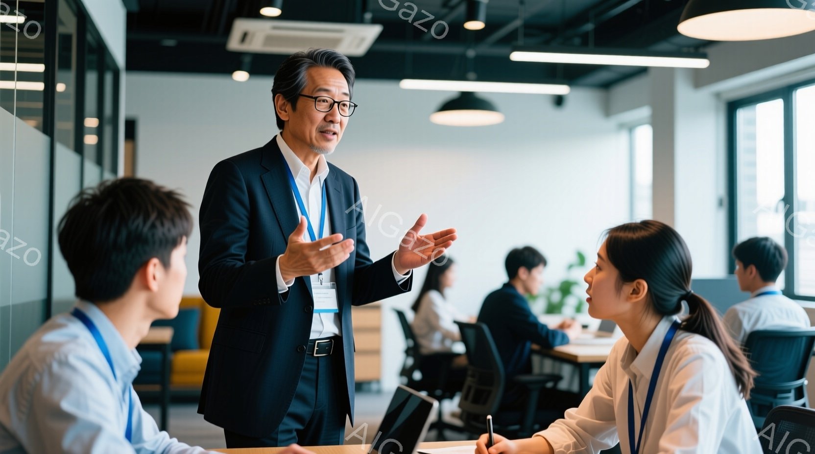 上司が部下たちに指示を出している会社のオフィス。男性上司は緻密な服装で、熱心に語っている。女性部下は深く耳を傾け、他の部下と一緒に注意している。昼間の明るい空間で、プロフェッショナルな雰囲気が感じられる。