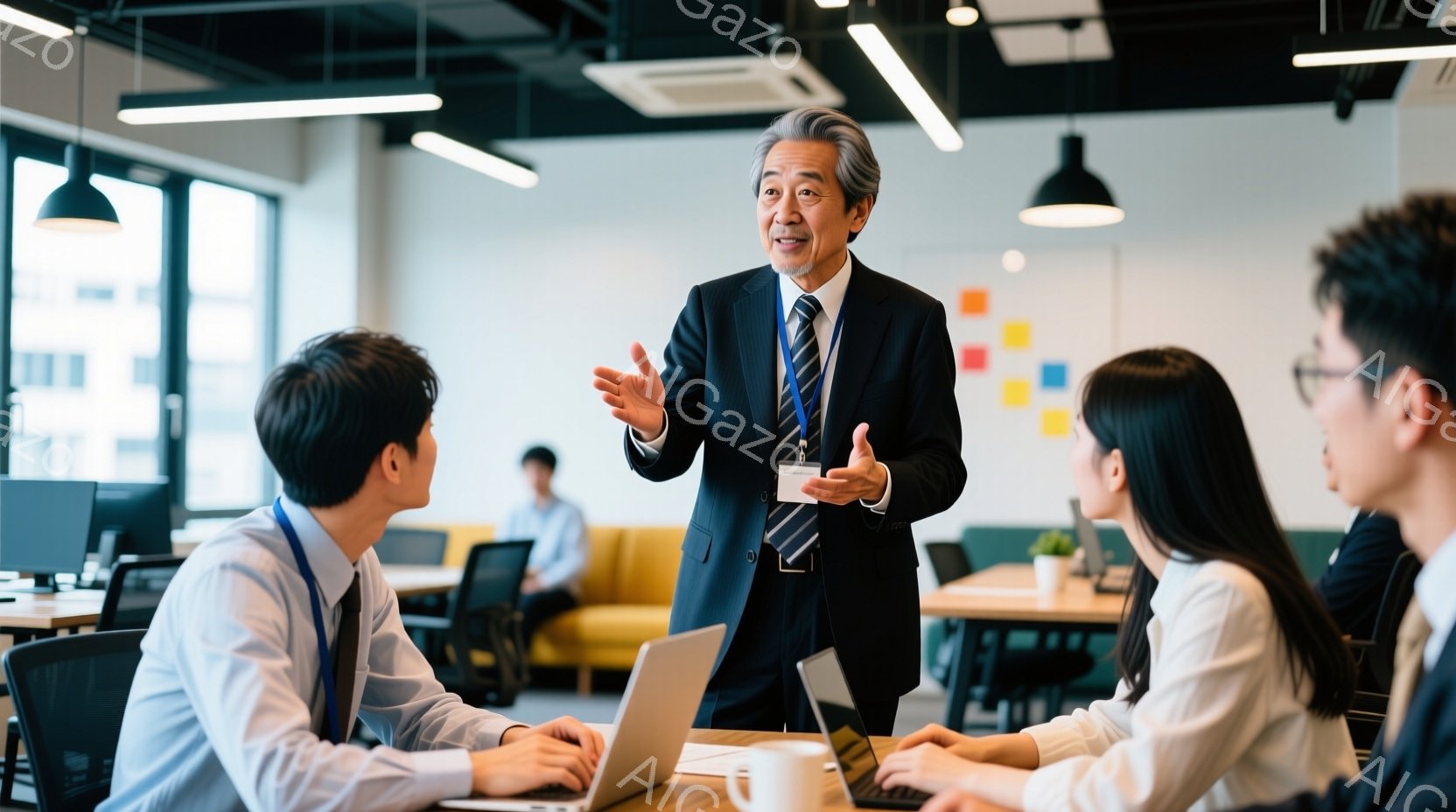 白髪交じりの男性が、紺色のスーツにネクタイを締め、笑顔で何かを説明しています。周囲には、パソコンに向かう若いビジネスマンやビジネスウーマンが座っており、活気のあるオフィス空間で会議が行われている様子が伺えます。背景には、明るい色のソファや植物が見え、モダンで開放的な雰囲気が漂っています。