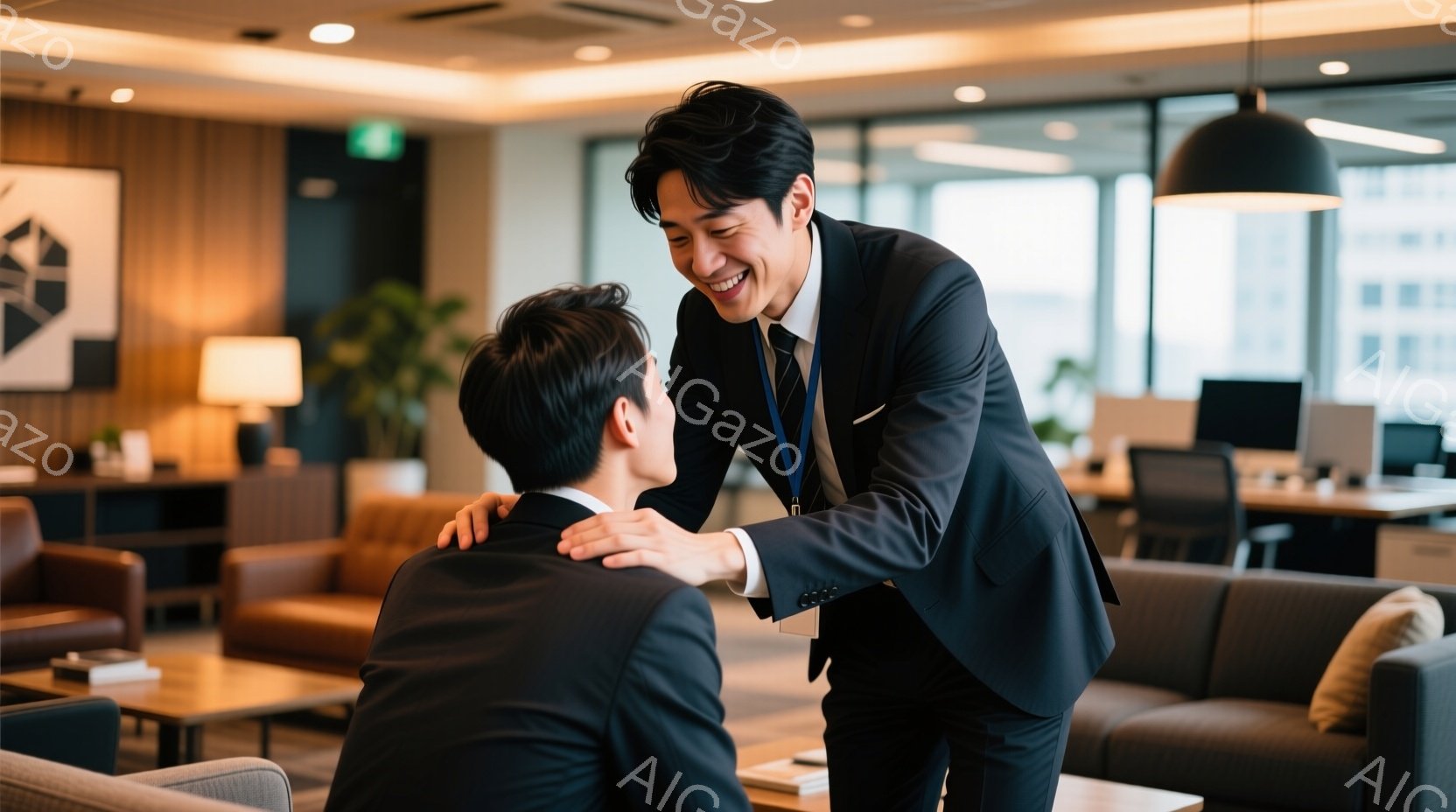 スーツを着た男性が、同じくスーツを着た別の男性の肩に手を置いて微笑んでいます。背景には、革張りのソファ、観葉植物、そしてオフィスの一角が見え、明るく開放的な雰囲気です。二人の表情は友好的で、信頼関係があることを示唆しています。