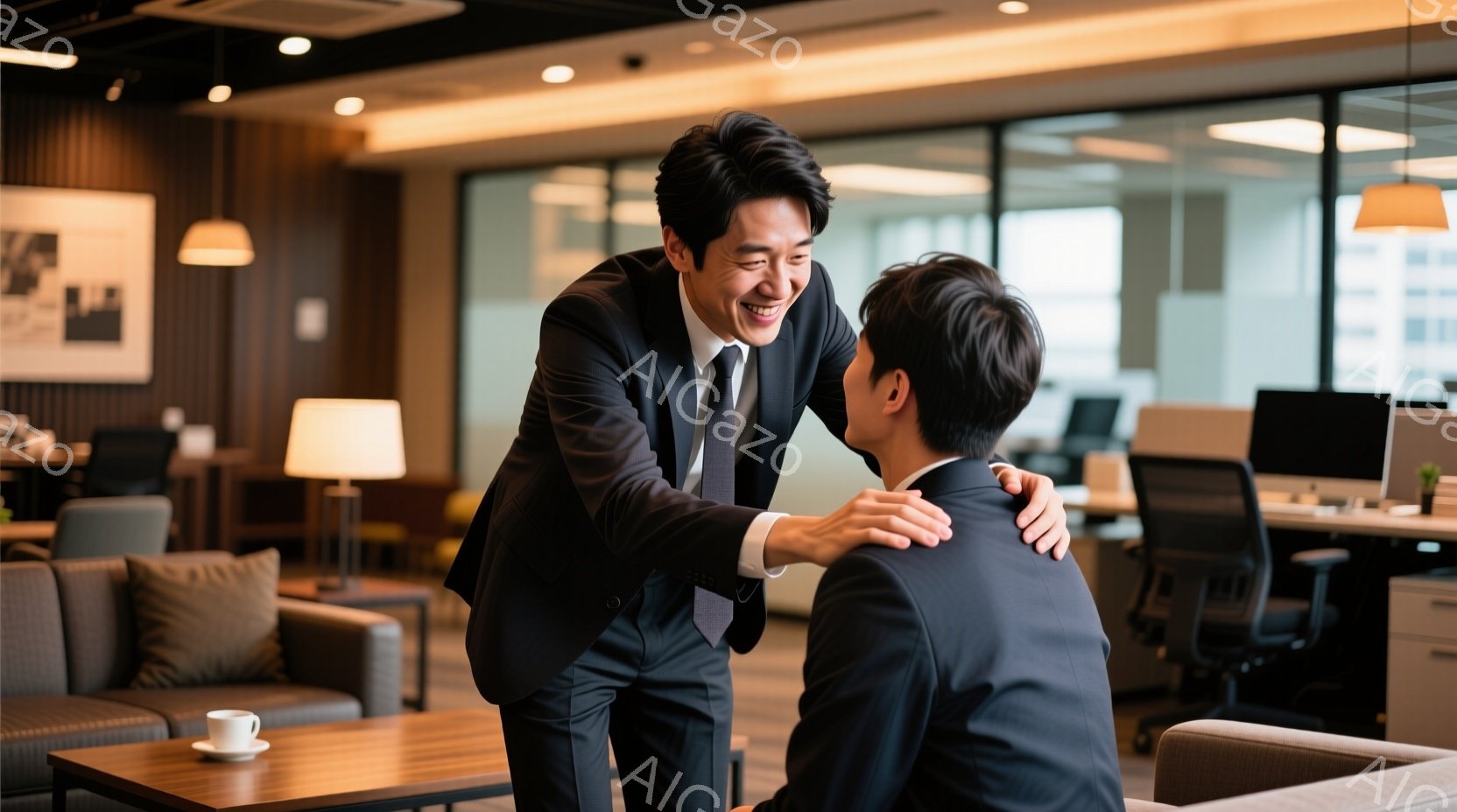 スーツ姿の男性が、同僚らしき男性に肩を組み、笑顔で話しかけている様子が写っている。背景にはオフィス空間が広がり、落ち着いたトーンの家具やデスクが配置されている。全体的に温かく、親密な雰囲気で、ビジネス - AI生成フリー素材