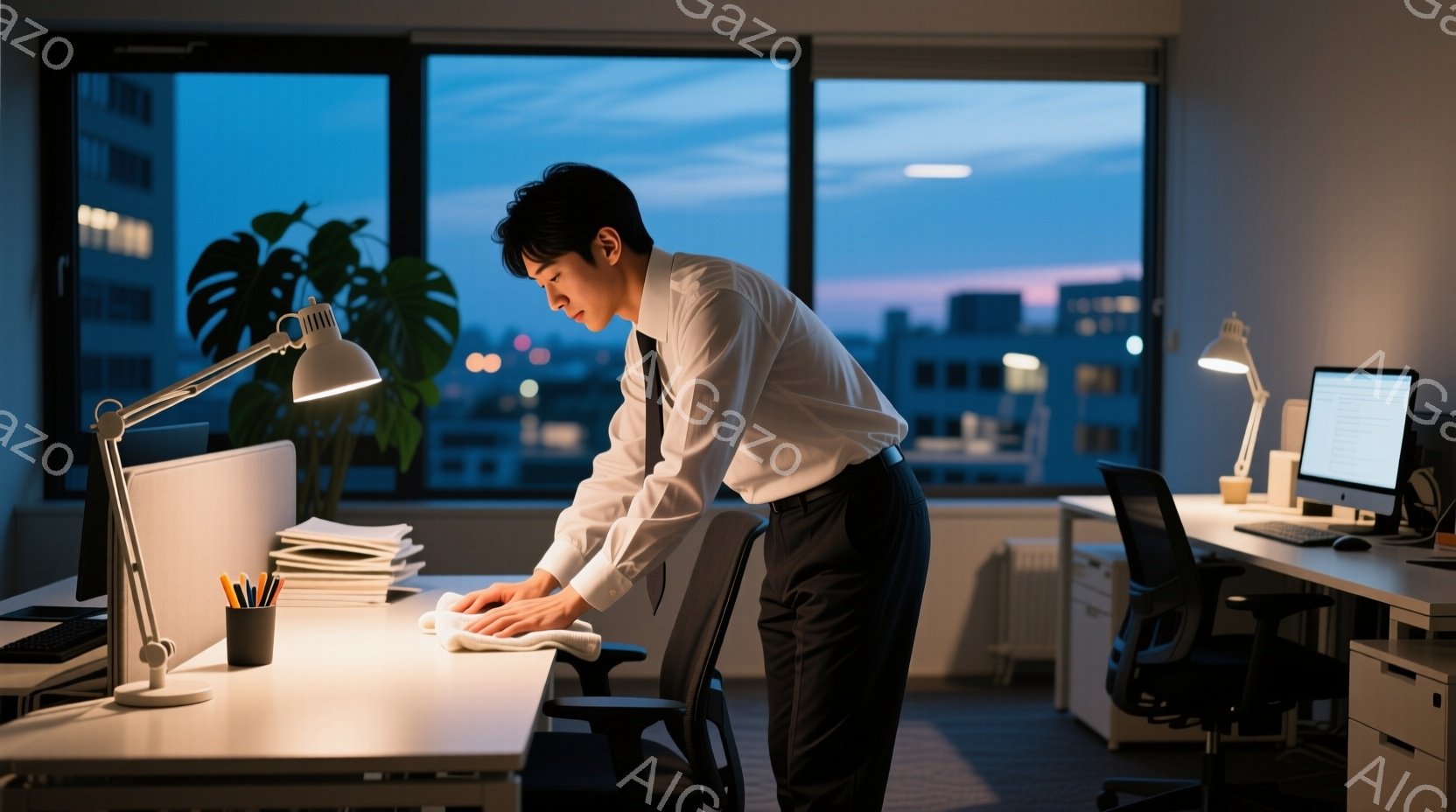 男は白いシャツに黒いズボンを着用し、オフィスで机を拭いています。彼は少し前かがみの姿勢で、疲れているか集中している表情をしています。背景には、夕暮れ時の都市のスカイラインと植物が見え、オフィスは夜遅くまで仕事をしているような静かで集中した雰囲気です。