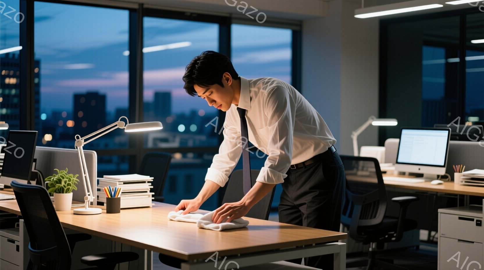 人物は白衣で、座りっぱなし。自分の上司として、書類を見る動作をしている。夜景の高層ビルの窓から美しい街灯が見える。