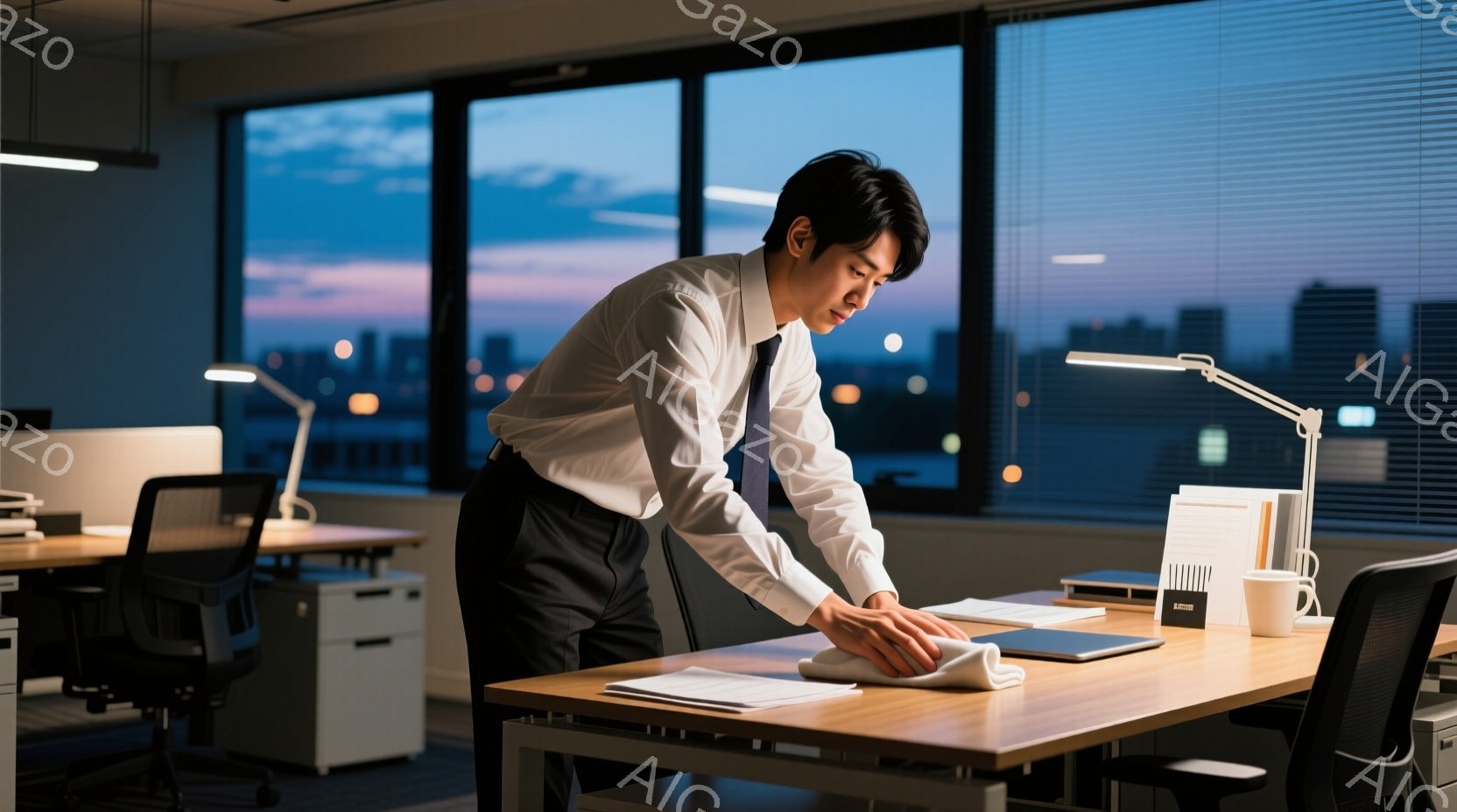 一人の男性がオフィスで机を拭いている。彼は白いシャツに黒いズボン、ネクタイ姿で、髪は短く整えられている。背景には夜景が広がり、ビルの明かりが点在し、夕焼けが空を彩っている。