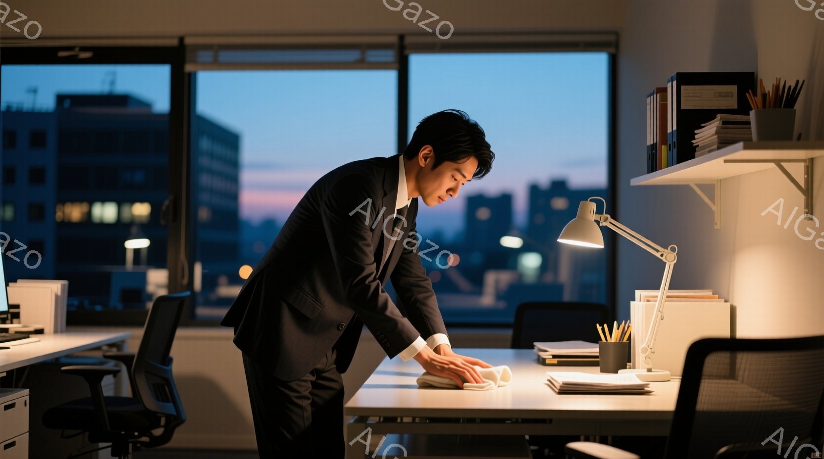 スーツを着た男性が、オフィスでデスクを拭いている。彼は少し前かがみになり、集中した表情で丁寧に作業をしている。背景には夜景が広がり、高層ビル群と薄暗い空が、静かで少し寂しげな雰囲気を醸し出している。