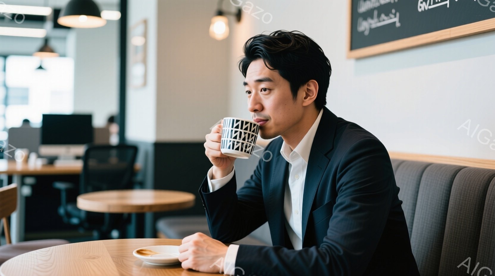 ダークブルーのスーツに白いシャツを着た男性が、白いカップを手にカフェに座っています。彼は少し横を向き、リラックスした表情でコーヒーを飲んでいるようです。背景には他のテーブルと椅子が見え、落ち着いた雰囲 - AI生成フリー素材