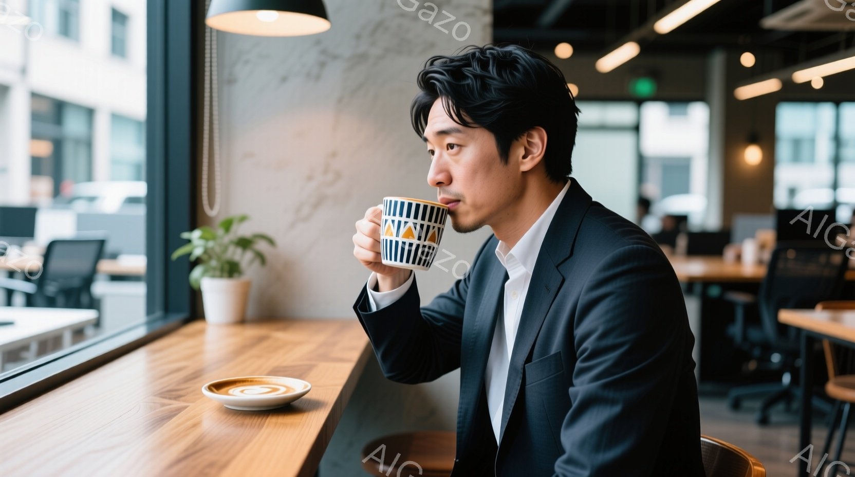 男は窓際のカウンター席で、ストライプのカップに入った飲み物を手に持っています。ダークスーツに白いシャツを着ており、髪は短く整えられています。背景にはオフィス空間が見え、明るい日差しが差し込んでおり、穏 - AI生成フリー素材