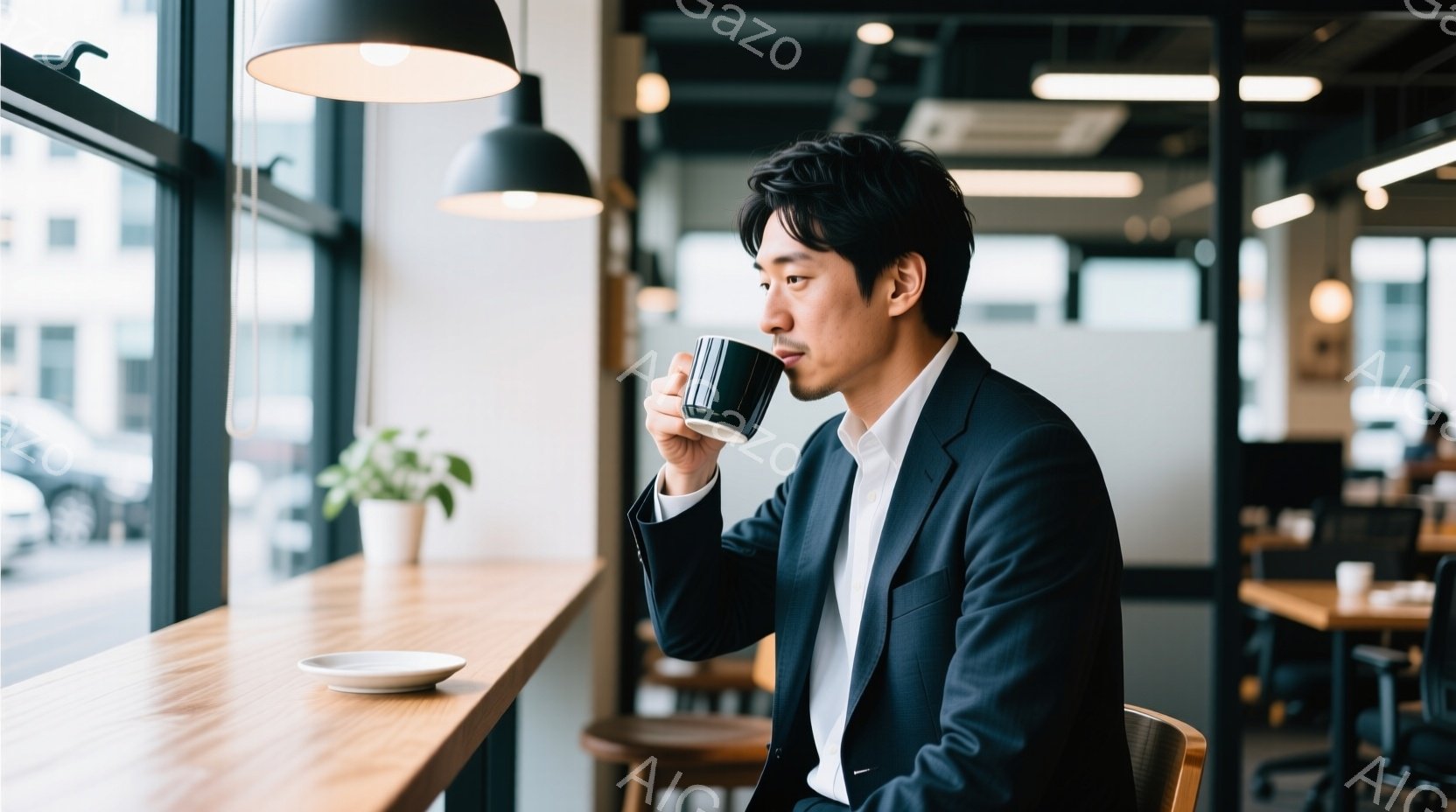 スーツを着た男性が、窓際のカウンター席でコーヒーを飲んでいる様子が写っている。彼は黒髪で、やや横を向いており、リラックスした表情をしている。背景にはカフェのテーブルや椅子が見え、自然光が差し込んでおり、落ち着いた雰囲気が漂っている。