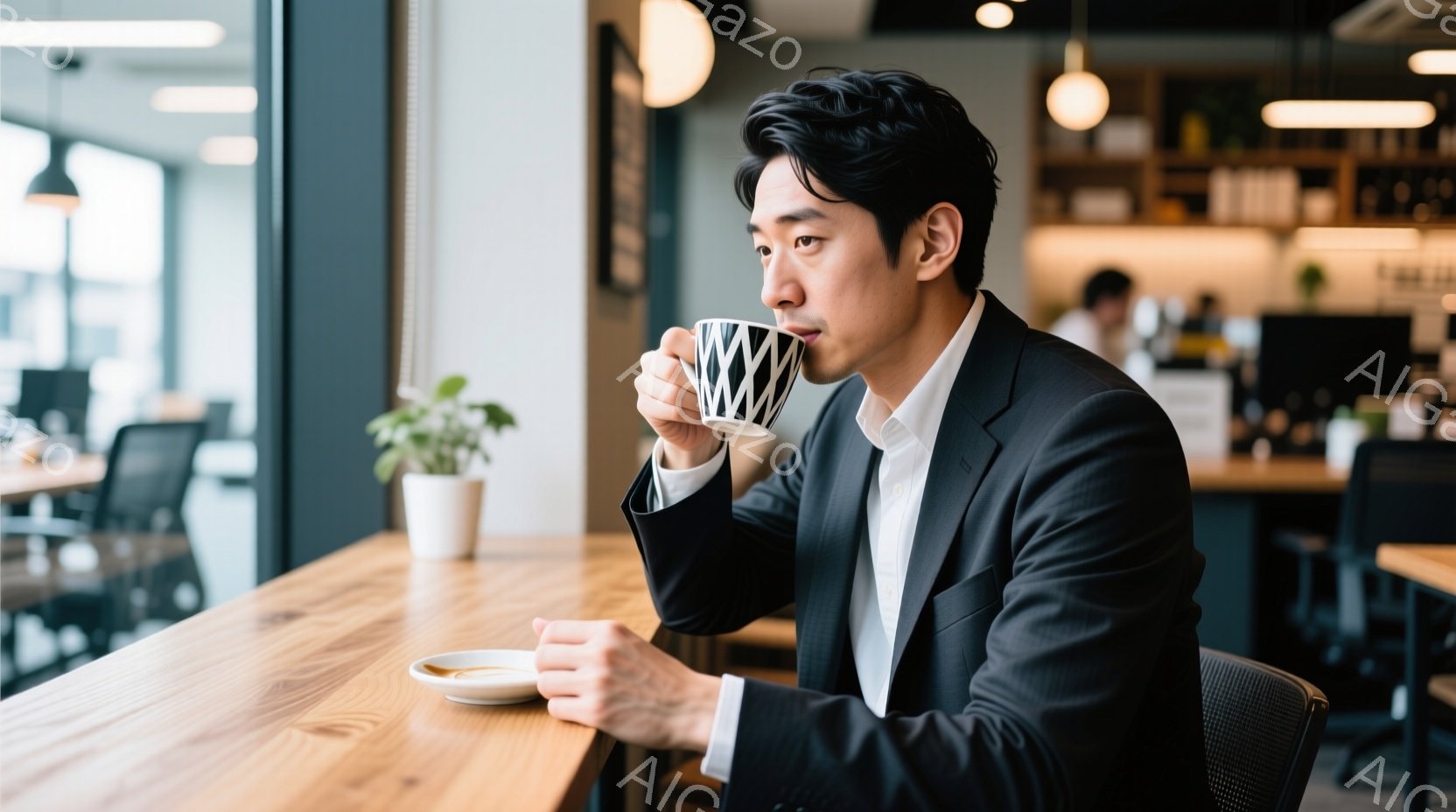 紺色のスーツに白いシャツを着た男性が、コーヒーカップを手に持っている。彼は少し横を向き、リラックスした表情でコーヒーを味わっているようだ。背景にはオフィスらしき空間が広がり、木製のテーブルや他の人々の - AI生成フリー素材