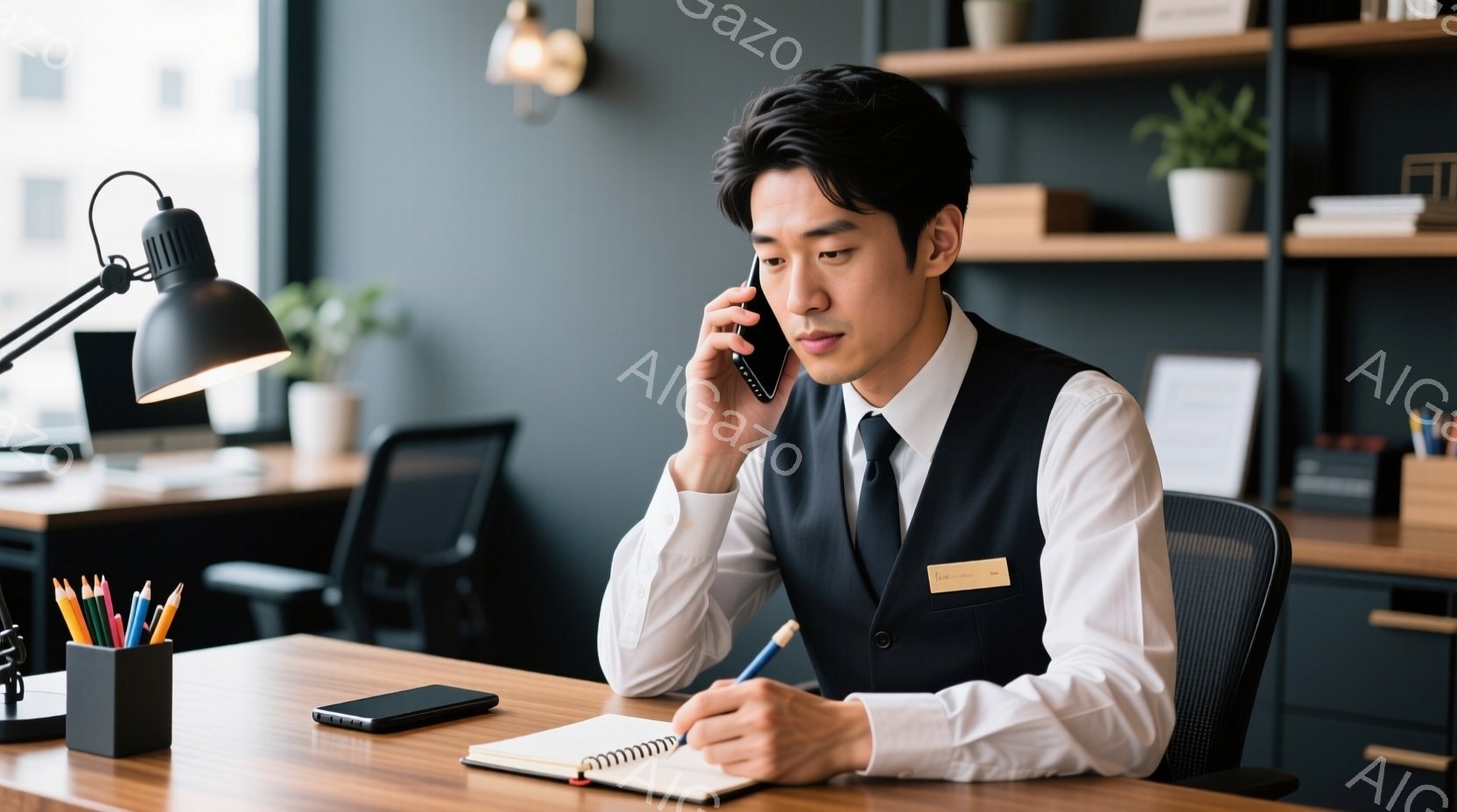 この男性は、黒いベストと白いシャツ、ネクタイを着用し、デスクで電話をしながらメモを取っています。彼の髪型は短く、整髪されており、表情は真剣で仕事に集中しているようです。背景には、本棚とオフィスチェアが - AI生成フリー素材