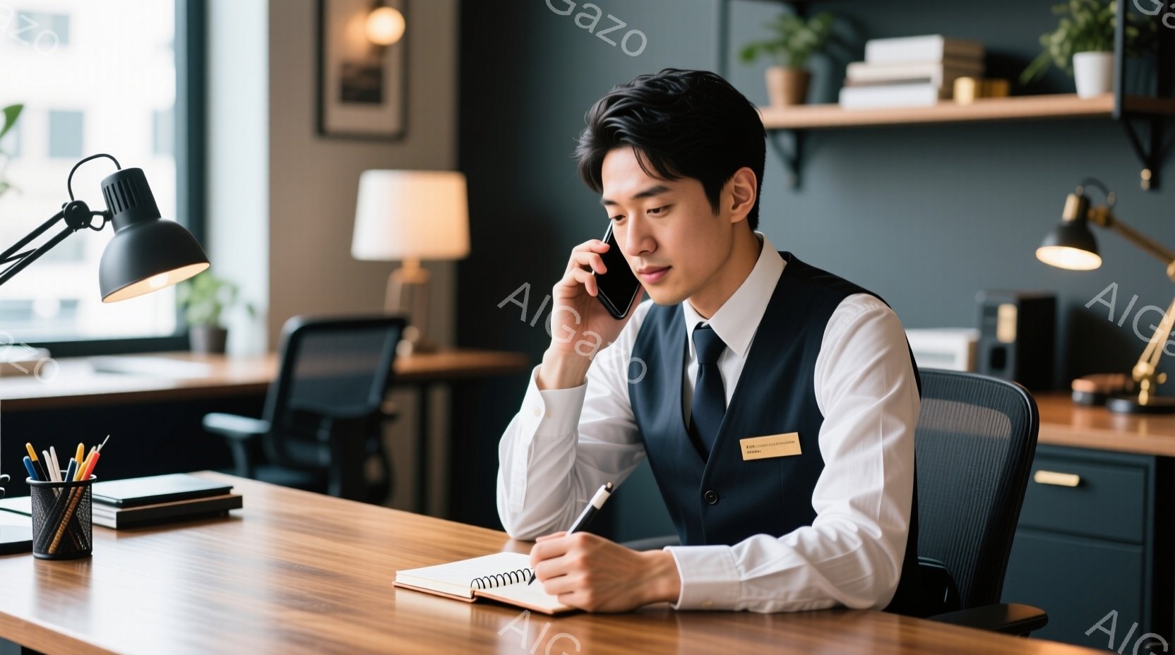 紺色のベストと白シャツ、黒ネクタイを着用した男性が、オフィスで電話をしながらノートに何かを書き込んでいる。彼は少し真剣な表情で、姿勢は正しく、集中している様子が窺える。背景には木製のデスクや本棚、間接照明があり、落ち着いた雰囲気のオフィス空間が広がっている。