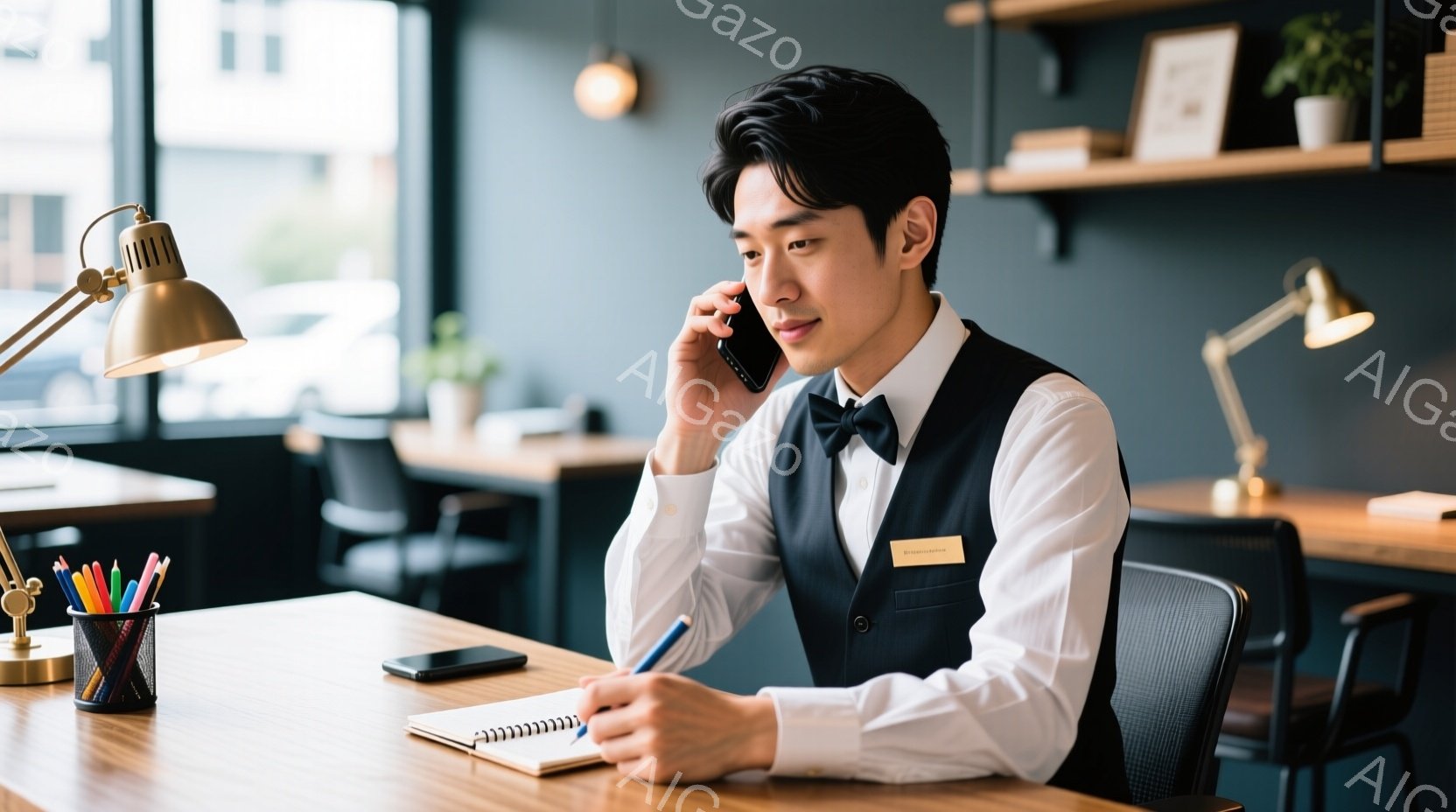 男性は、黒のベストと白いシャツ、そして弓ネクタイを着用し、ネームタグをつけている。彼は机に向かって座り、片手にペンを持ち、ノートに書き込みながら、もう片手でスマートフォンで通話している。背景には、他のテーブルや椅子が見え、室内は落ち着いた雰囲気で、仕事や勉強に適しているようだ。