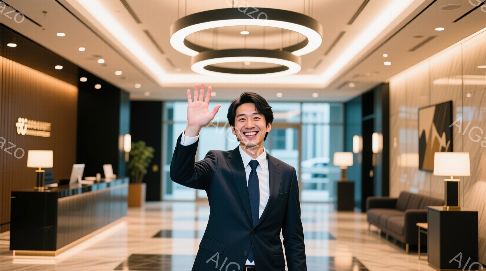 スーツにネクタイを締めた男性が、ホテルのロビーで手を振っています。彼は笑顔で、明るく親しみやすい印象を与えます。背景には、モダンなデザインの受付カウンターやソファ、そして自然光を取り入れた広々とした空 - AI生成フリー素材