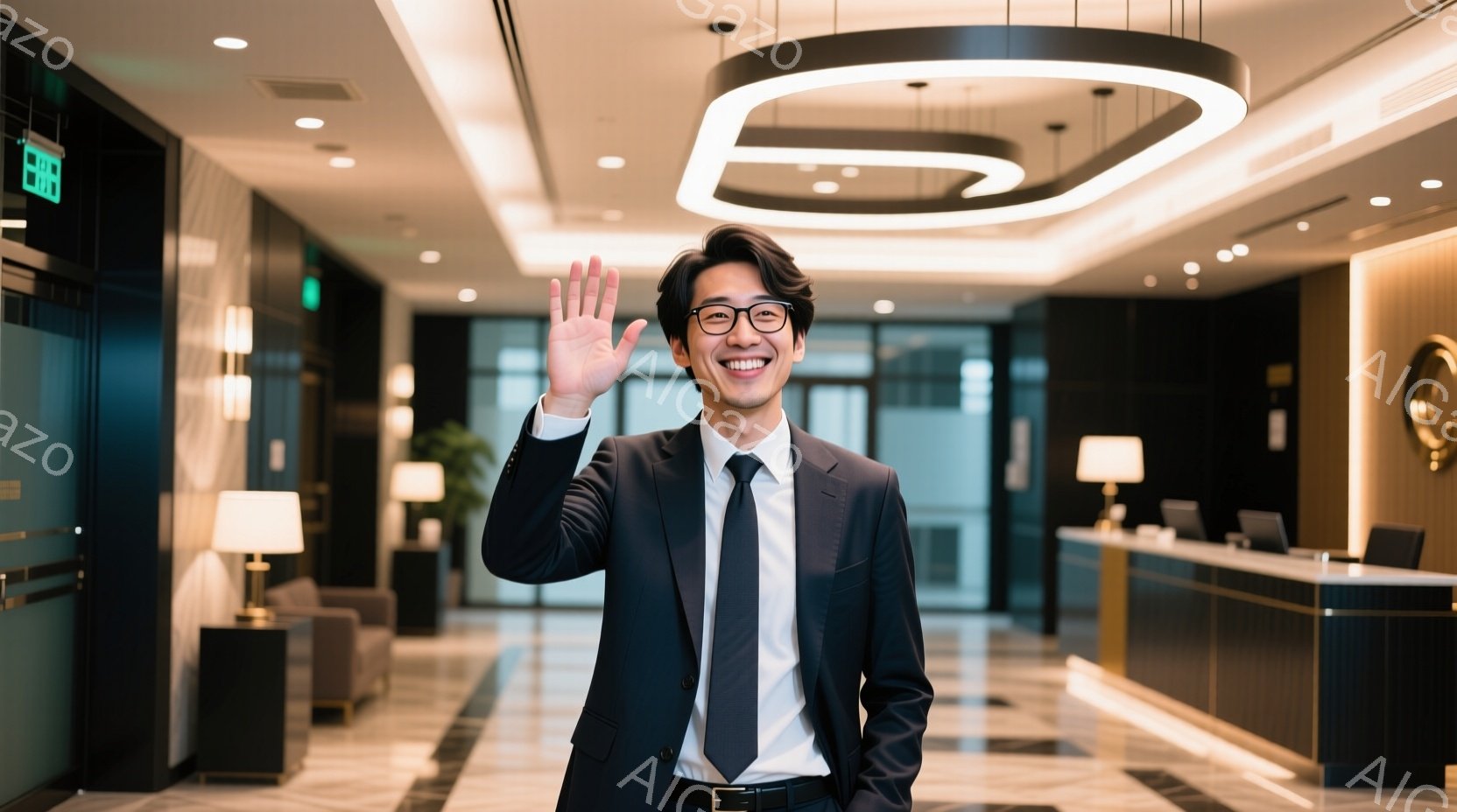 黒いスーツに白いシャツと黒いネクタイを着用した男性が、明るい笑顔で手を振っています。彼は髪を短く整え、整然とした印象を与えています。背景はホテルのロビーで、ベージュと白を基調としたモダンな内装で、上品で歓迎的な雰囲気です。